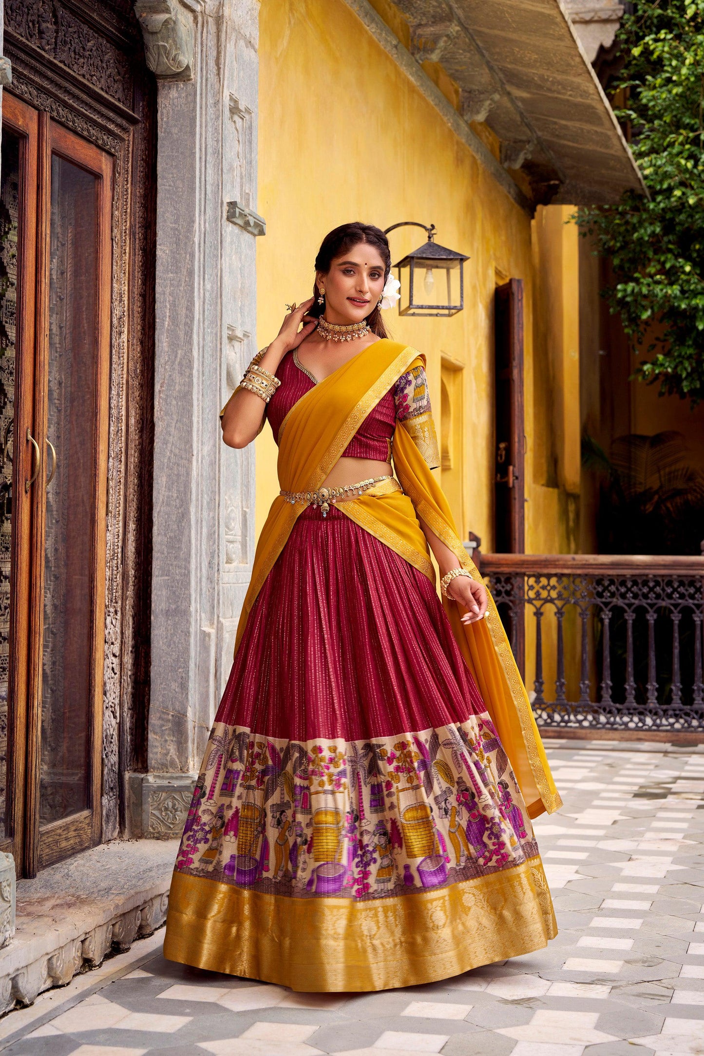 Lorenvalley Fashion Multicolor Poly Chanderi Zari Stripe Kalamkari Printed With Zari Weaving Work Lehenga Choli with Dupatta | Swadesiicart