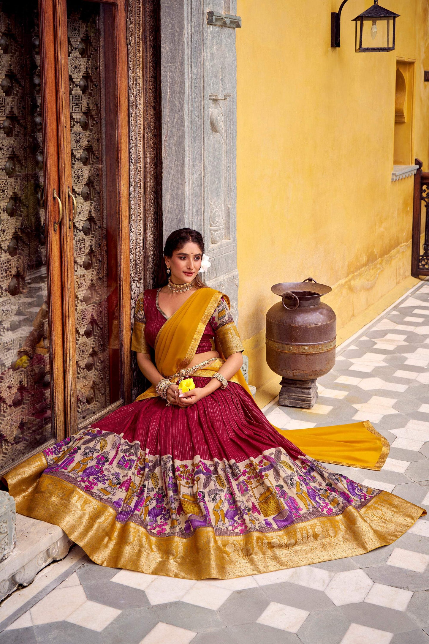 Lorenvalley Fashion Multicolor Poly Chanderi Zari Stripe Kalamkari Printed With Zari Weaving Work Lehenga Choli with Dupatta | Swadesiicart