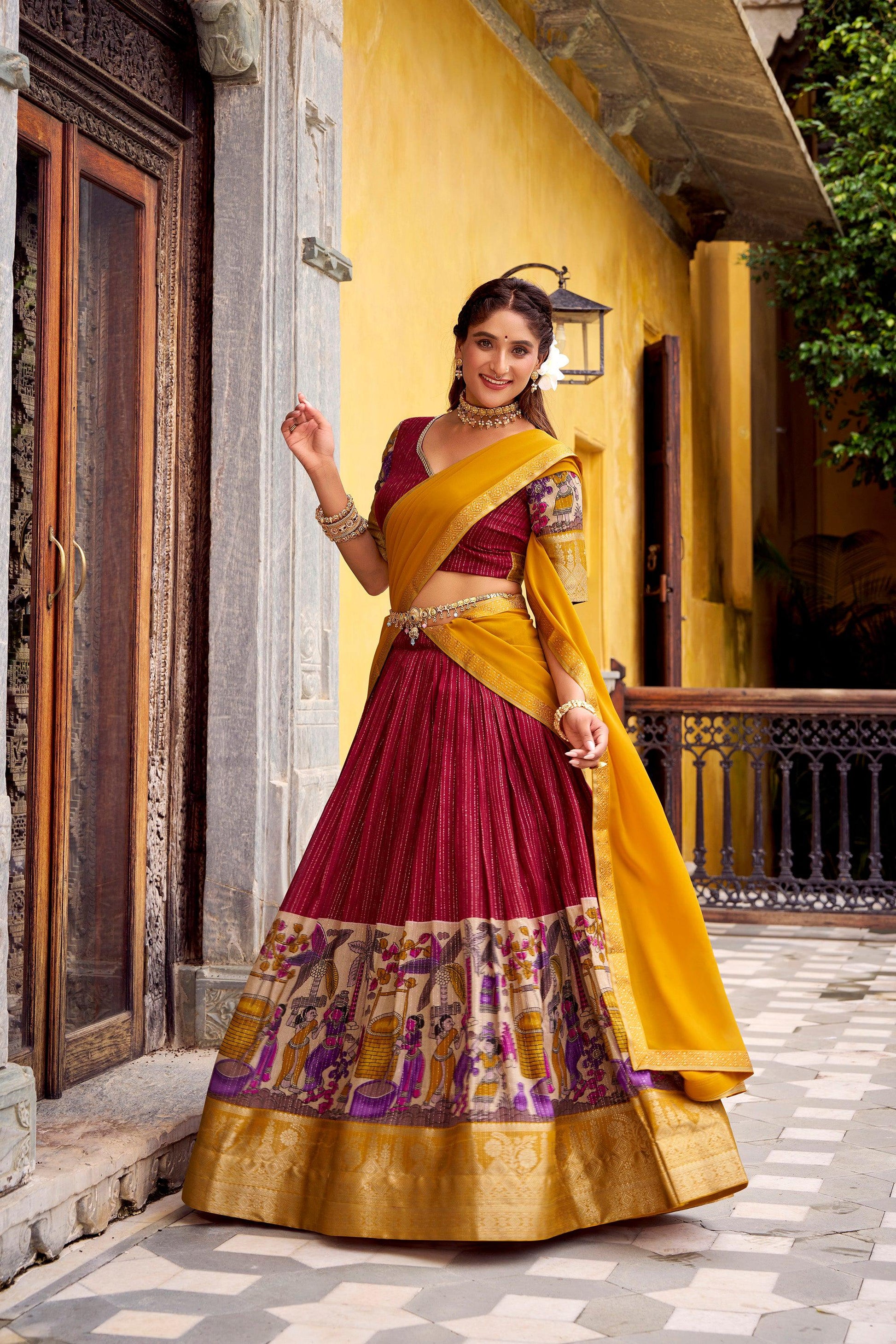 Lorenvalley Fashion Multicolor Poly Chanderi Zari Stripe Kalamkari Printed With Zari Weaving Work Lehenga Choli with Dupatta | Swadesiicart