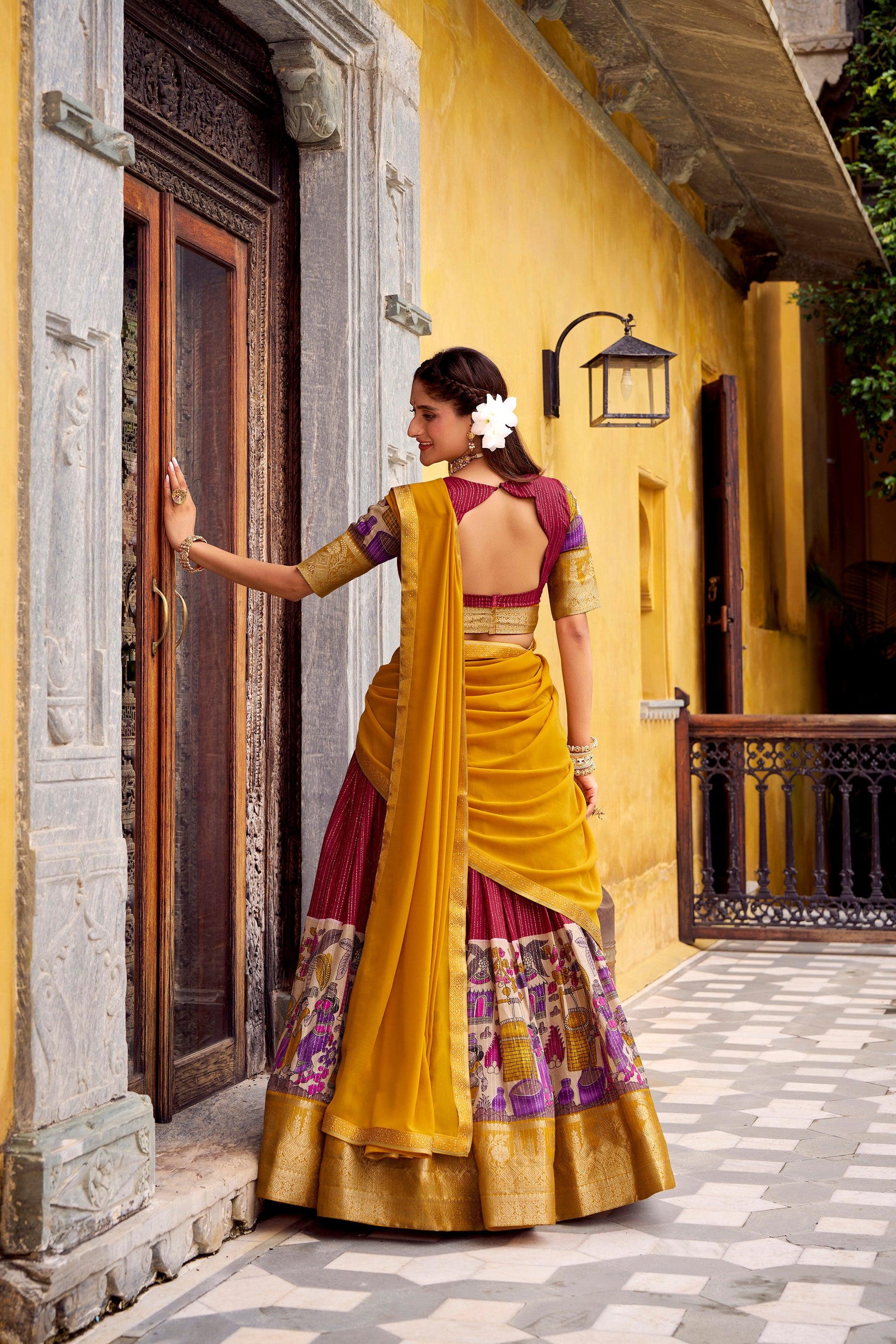 Lorenvalley Fashion Multicolor Poly Chanderi Zari Stripe Kalamkari Printed With Zari Weaving Work Lehenga Choli with Dupatta | Swadesiicart