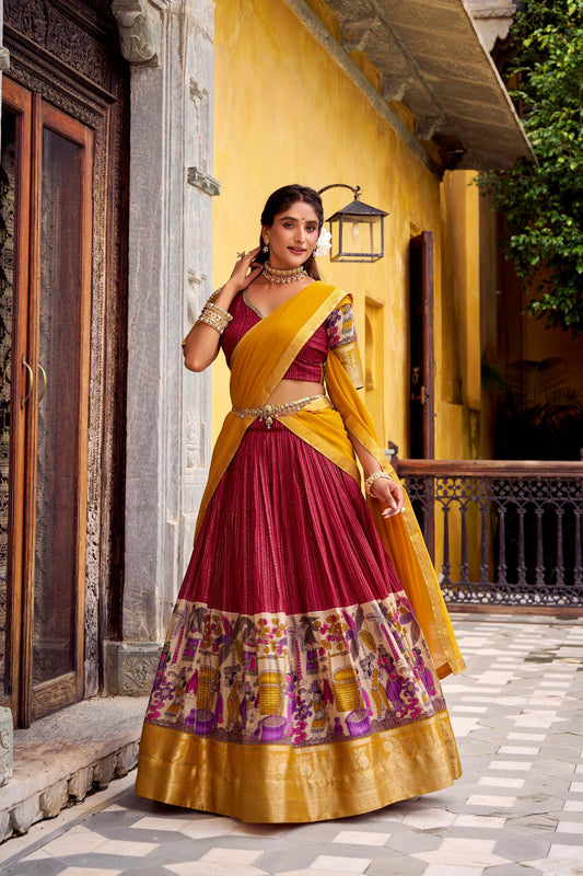 Lorenvalley Fashion Multicolor Poly Chanderi Zari Stripe Kalamkari Printed With Zari Weaving Work Lehenga Choli with Dupatta | Swadesiicart