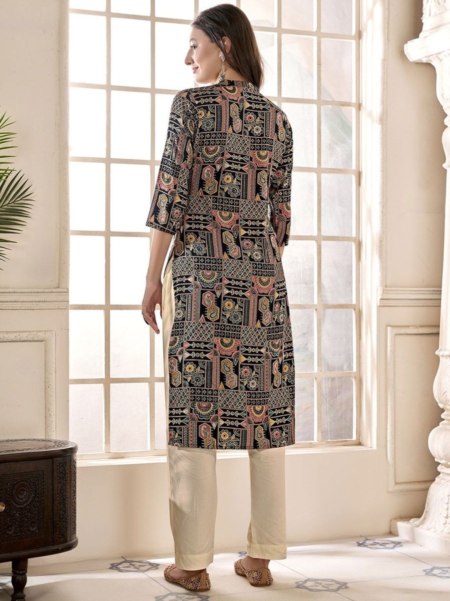 Anouk Black Ethnic Motifs Printed Mandarin Collar Kurta - Swadesiicart