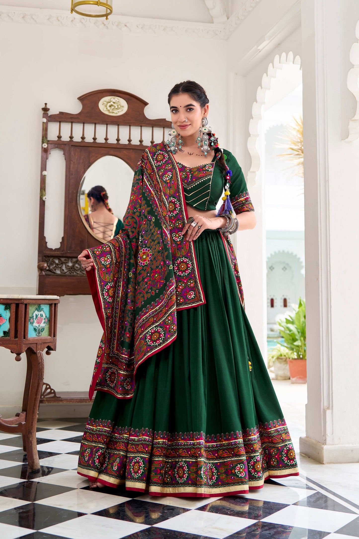 Lorenvalley Fashion Green Tasar Silk Gamthi Print With Embossed Design And Gotta Patti Lace Touch Up Lehenga Choli with Dupatta | Swadesiicart