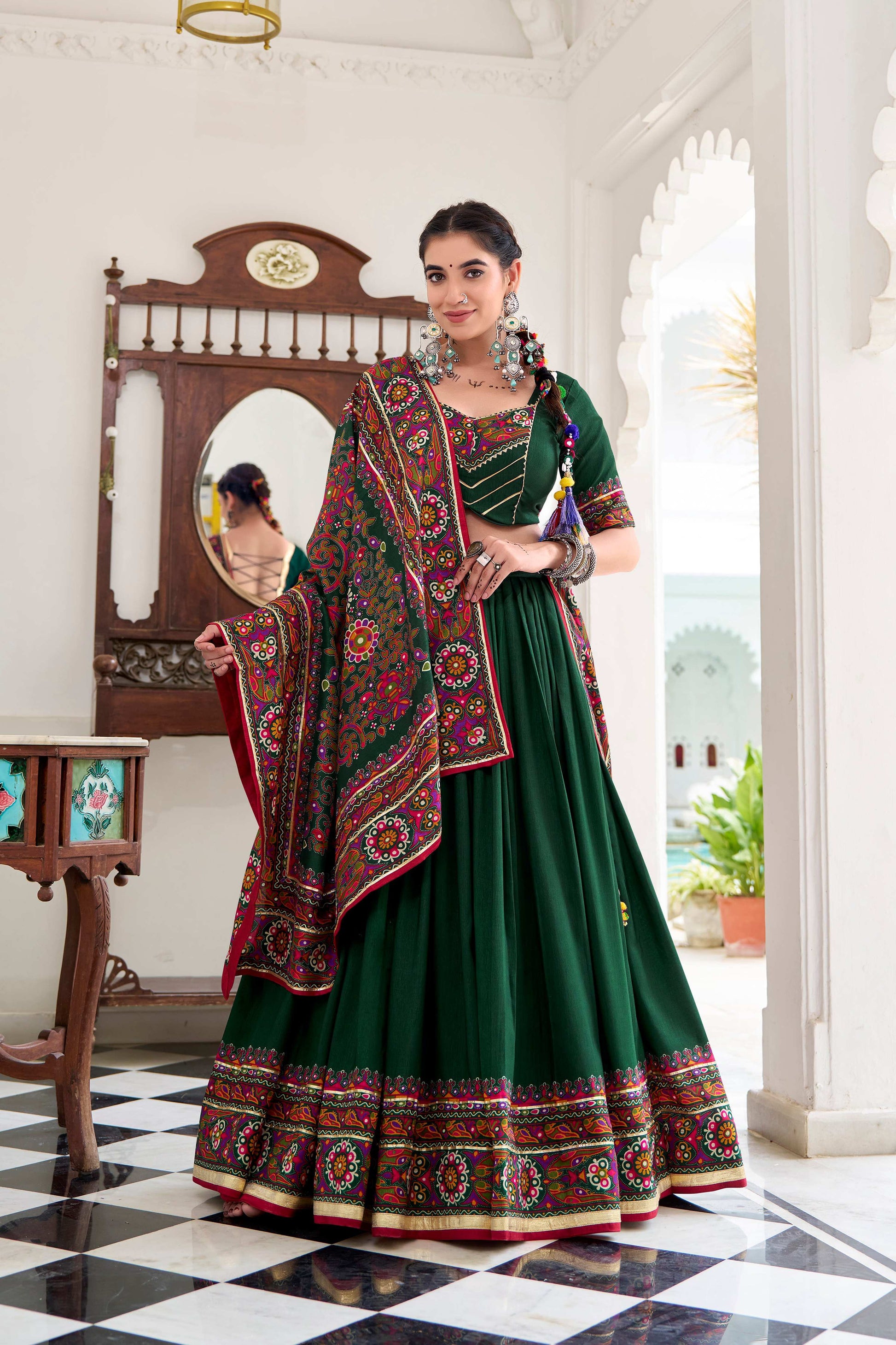 Lorenvalley Fashion Green Tasar Silk Gamthi Print With Embossed Design And Gotta Patti Lace Touch Up Lehenga Choli with Dupatta | Swadesiicart