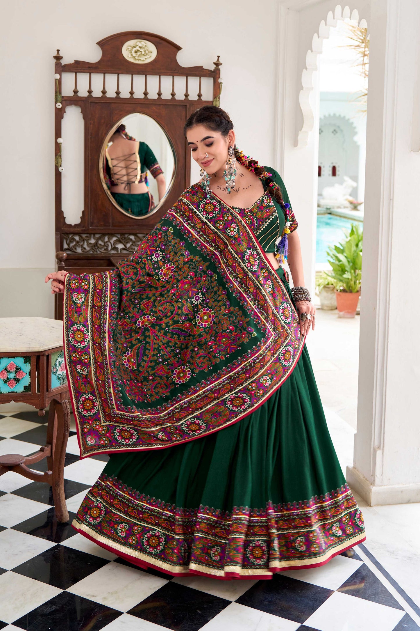 Lorenvalley Fashion Green Tasar Silk Gamthi Print With Embossed Design And Gotta Patti Lace Touch Up Lehenga Choli with Dupatta | Swadesiicart