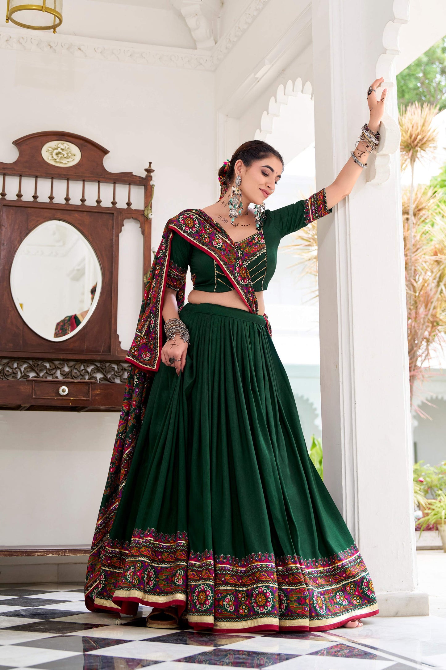 Lorenvalley Fashion Green Tasar Silk Gamthi Print With Embossed Design And Gotta Patti Lace Touch Up Lehenga Choli with Dupatta | Swadesiicart