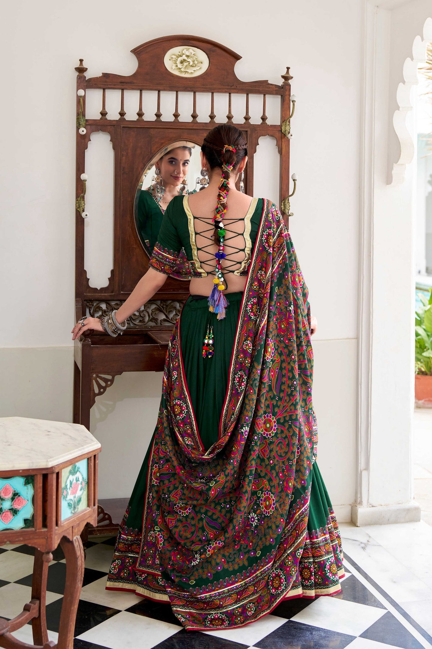 Lorenvalley Fashion Green Tasar Silk Gamthi Print With Embossed Design And Gotta Patti Lace Touch Up Lehenga Choli with Dupatta | Swadesiicart
