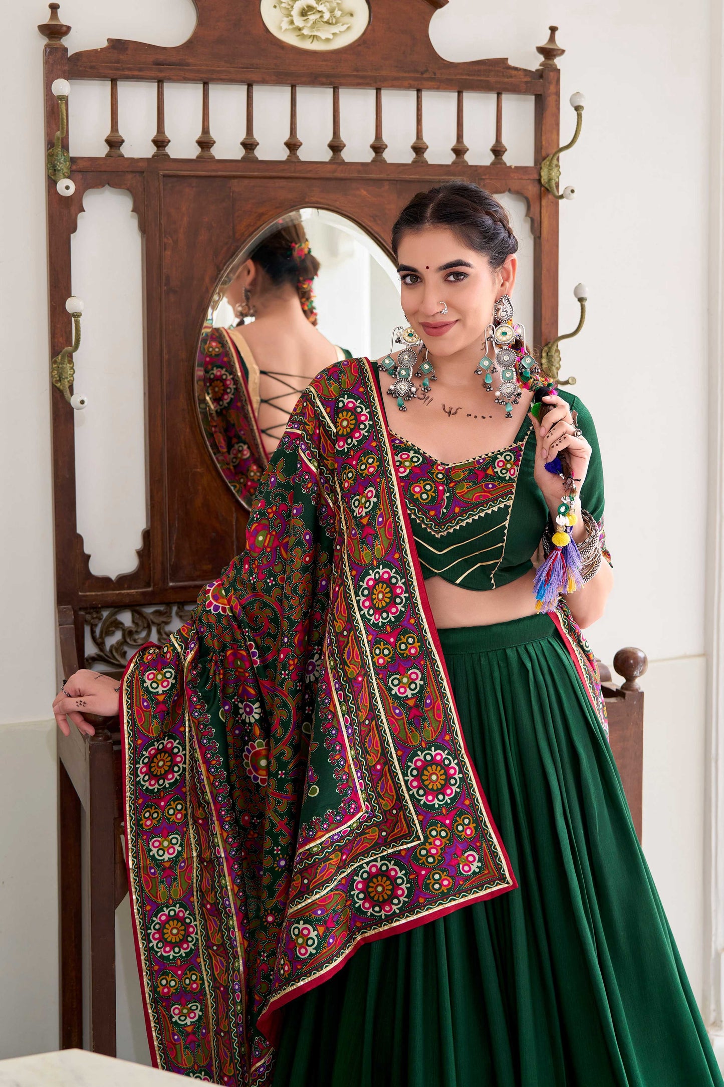 Lorenvalley Fashion Green Tasar Silk Gamthi Print With Embossed Design And Gotta Patti Lace Touch Up Lehenga Choli with Dupatta | Swadesiicart