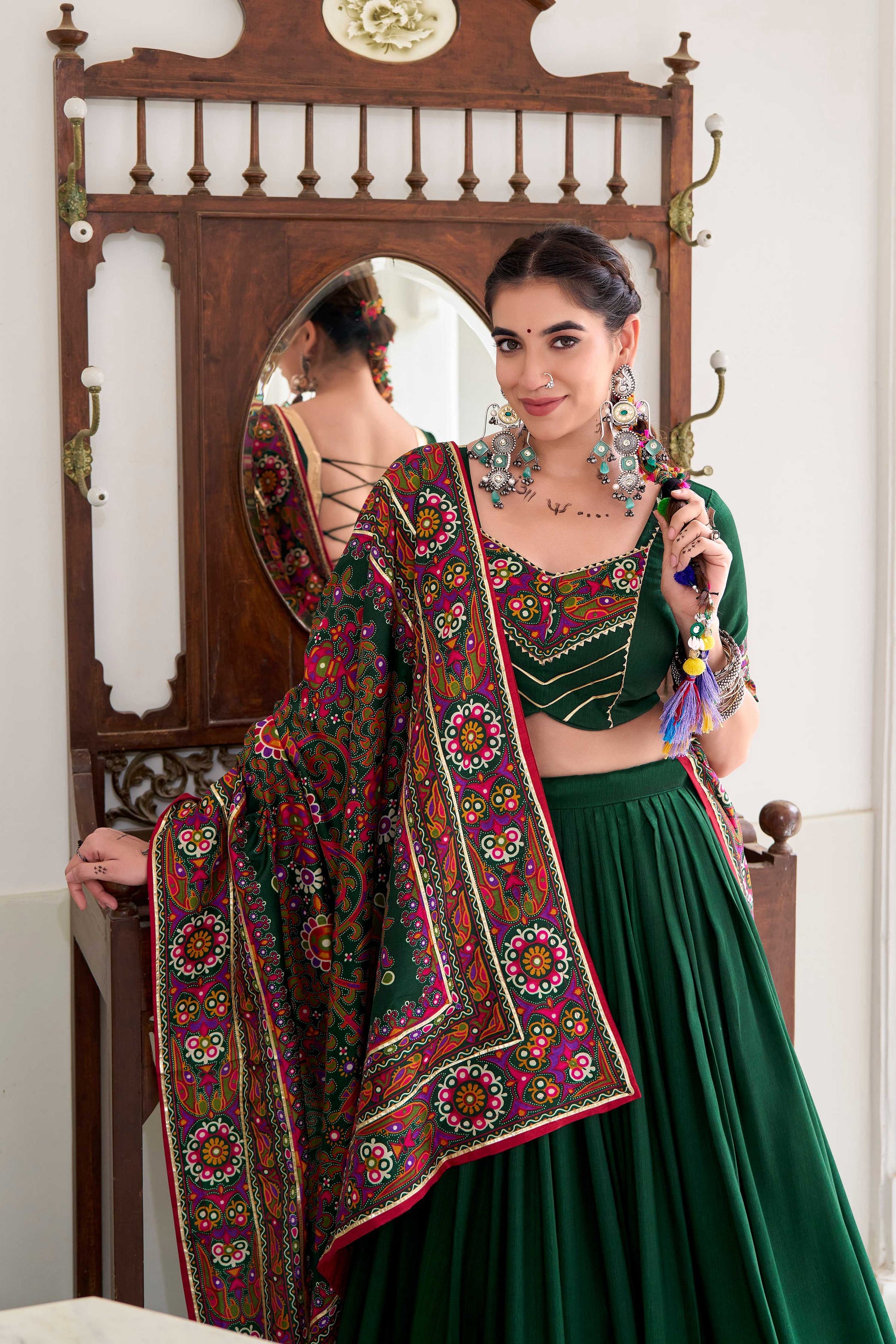 Lorenvalley Fashion Green Tasar Silk Gamthi Print With Embossed Design And Gotta Patti Lace Touch Up Lehenga Choli with Dupatta | Swadesiicart