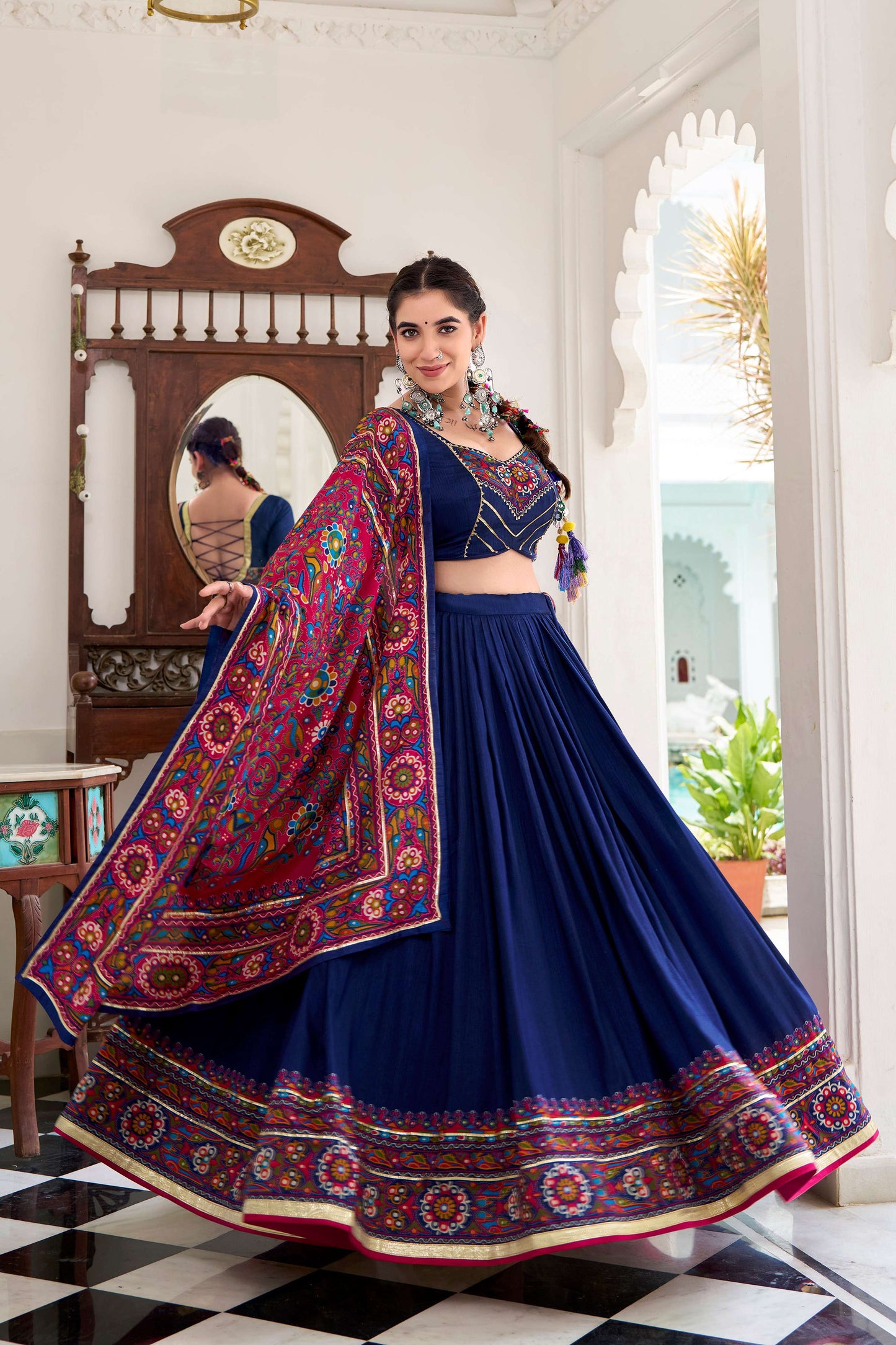 Lorenvalley Fashion Navyblue Tasar Silk Gamthi Print With Embossed Design And Gotta Patti Lace Touch Up Lehenga Choli with Dupatta | Swadesiicart