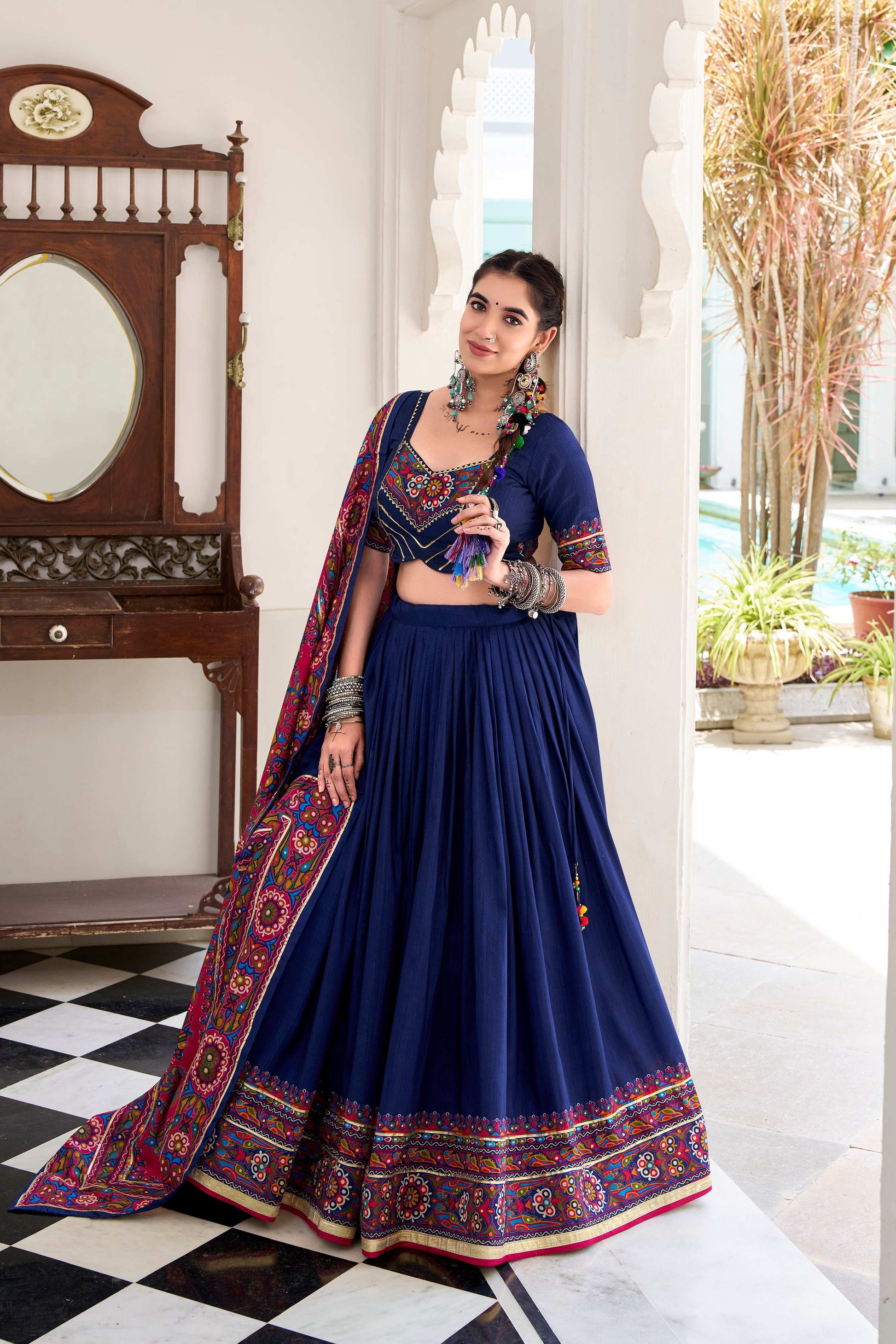 Lorenvalley Fashion Navyblue Tasar Silk Gamthi Print With Embossed Design And Gotta Patti Lace Touch Up Lehenga Choli with Dupatta | Swadesiicart