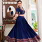 Lorenvalley Fashion Navyblue Tasar Silk Gamthi Print With Embossed Design And Gotta Patti Lace Touch Up Lehenga Choli with Dupatta | Swadesiicart
