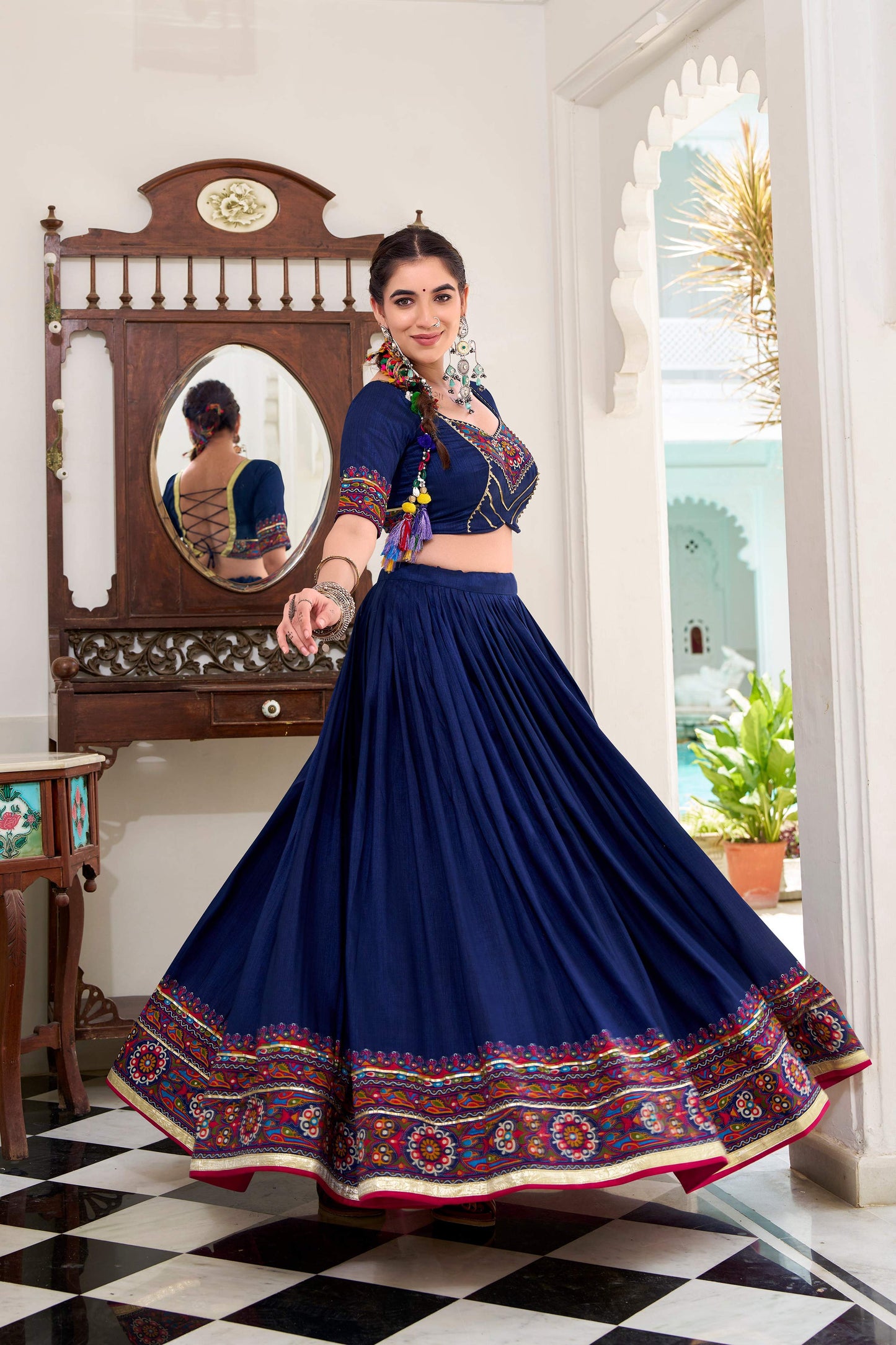 Lorenvalley Fashion Navyblue Tasar Silk Gamthi Print With Embossed Design And Gotta Patti Lace Touch Up Lehenga Choli with Dupatta | Swadesiicart
