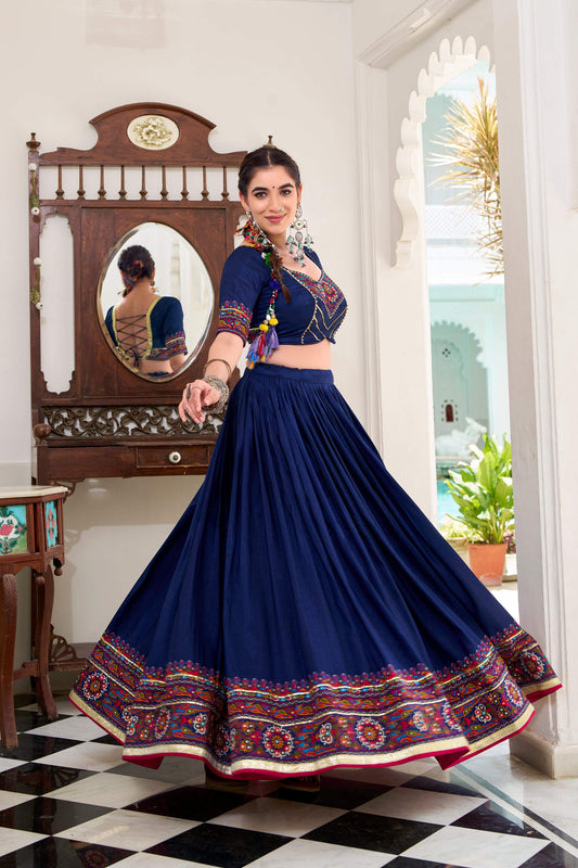 Lorenvalley Fashion Navyblue Tasar Silk Gamthi Print With Embossed Design And Gotta Patti Lace Touch Up Lehenga Choli with Dupatta | Swadesiicart