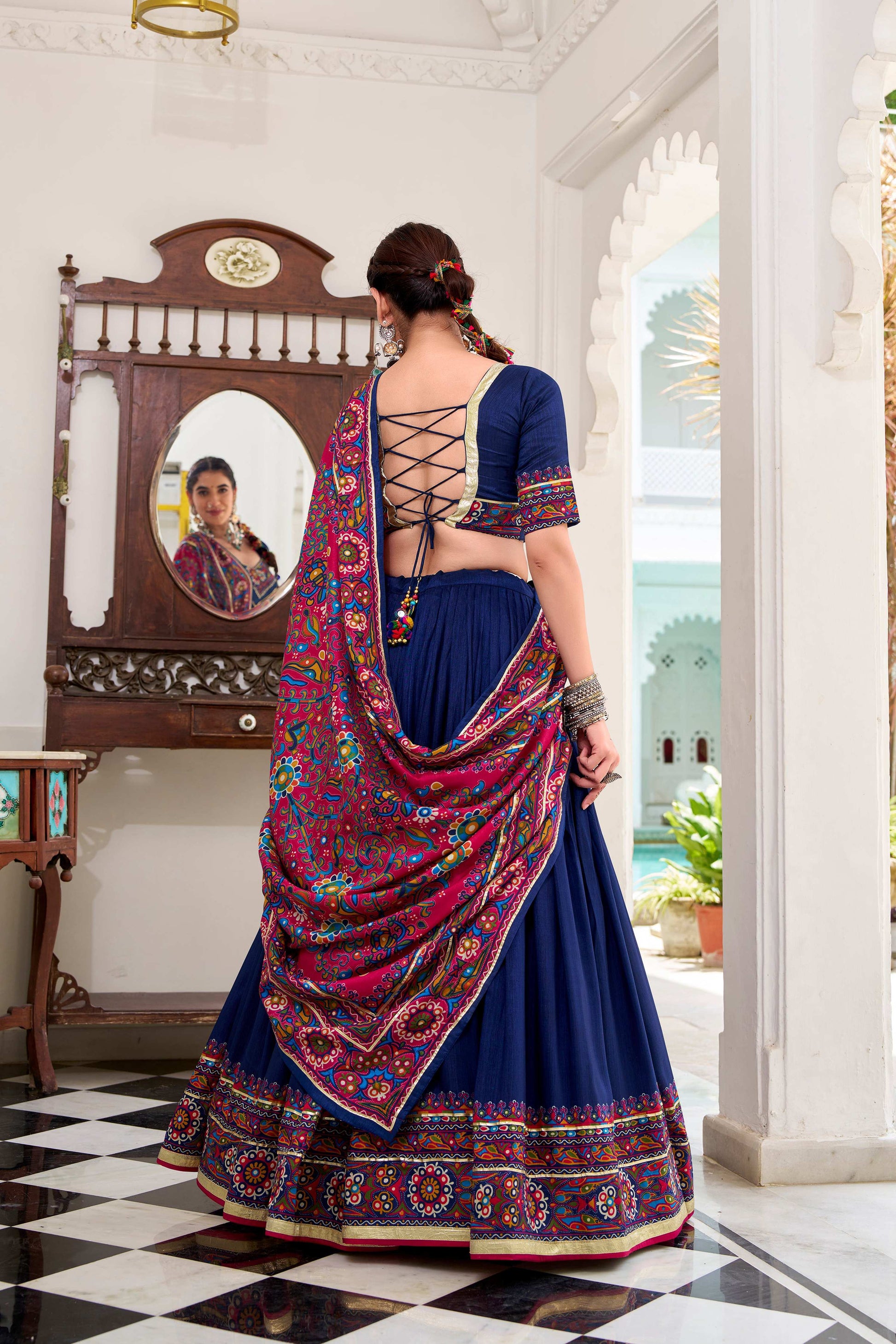 Lorenvalley Fashion Navyblue Tasar Silk Gamthi Print With Embossed Design And Gotta Patti Lace Touch Up Lehenga Choli with Dupatta | Swadesiicart
