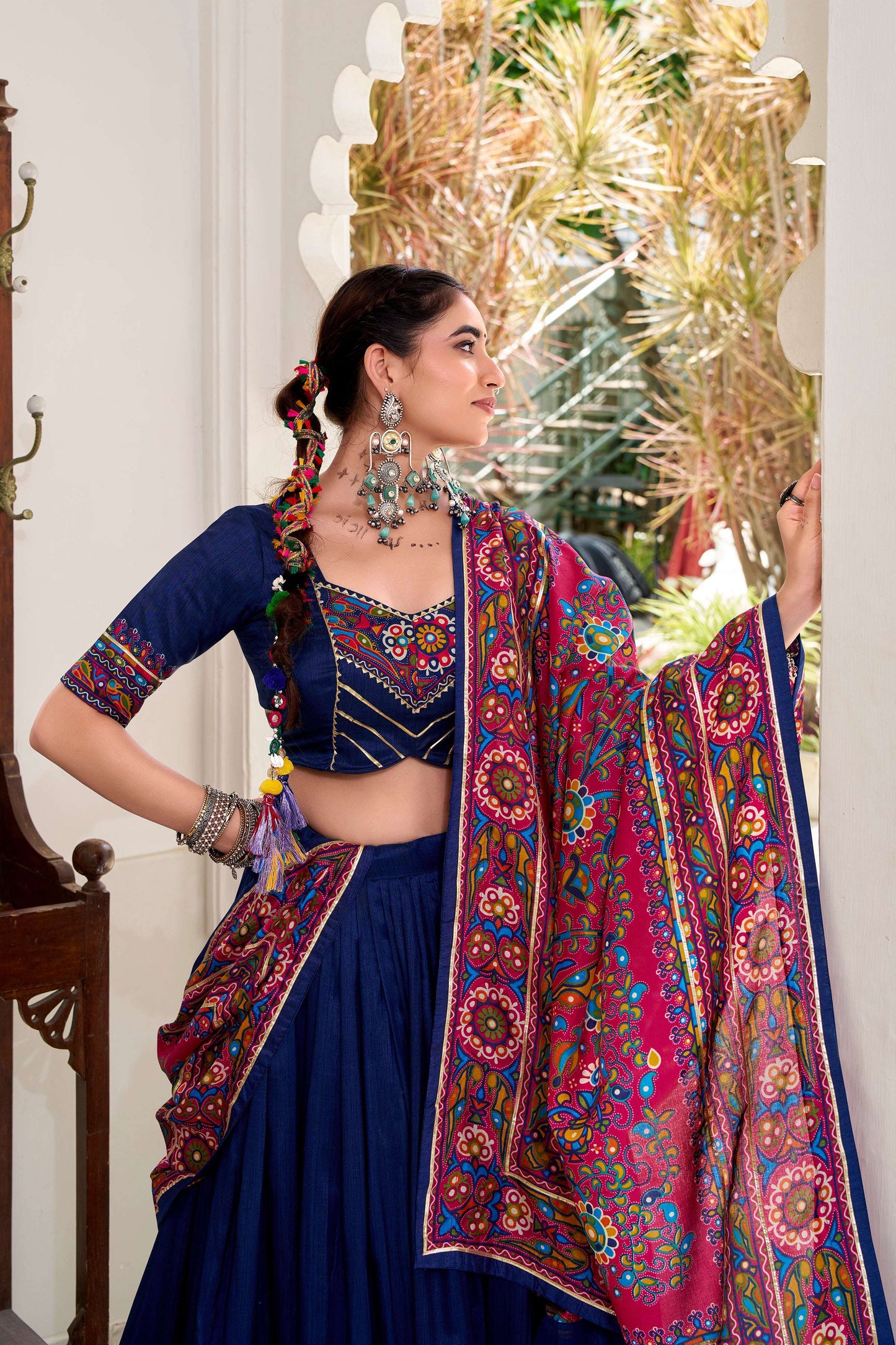 Lorenvalley Fashion Navyblue Tasar Silk Gamthi Print With Embossed Design And Gotta Patti Lace Touch Up Lehenga Choli with Dupatta | Swadesiicart