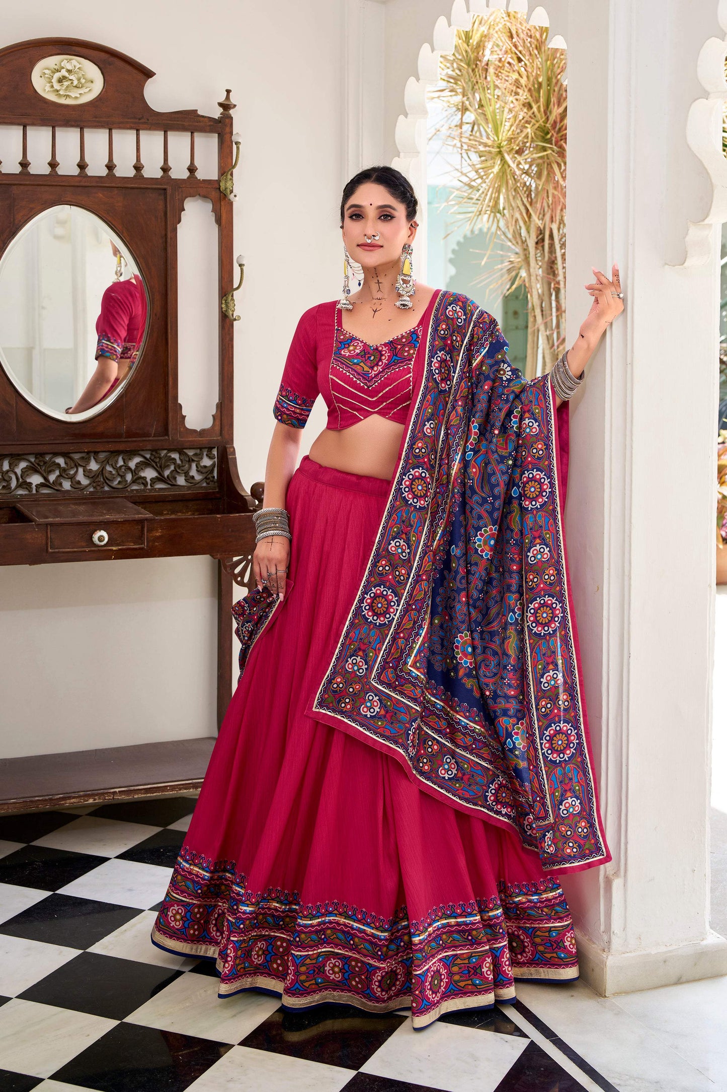 Lorenvalley Fashion Pink Tasar Silk Gamthi Print With Embossed Design And Gotta Patti Lace Touch Up Lehenga Choli with Dupatta | Swadesiicart