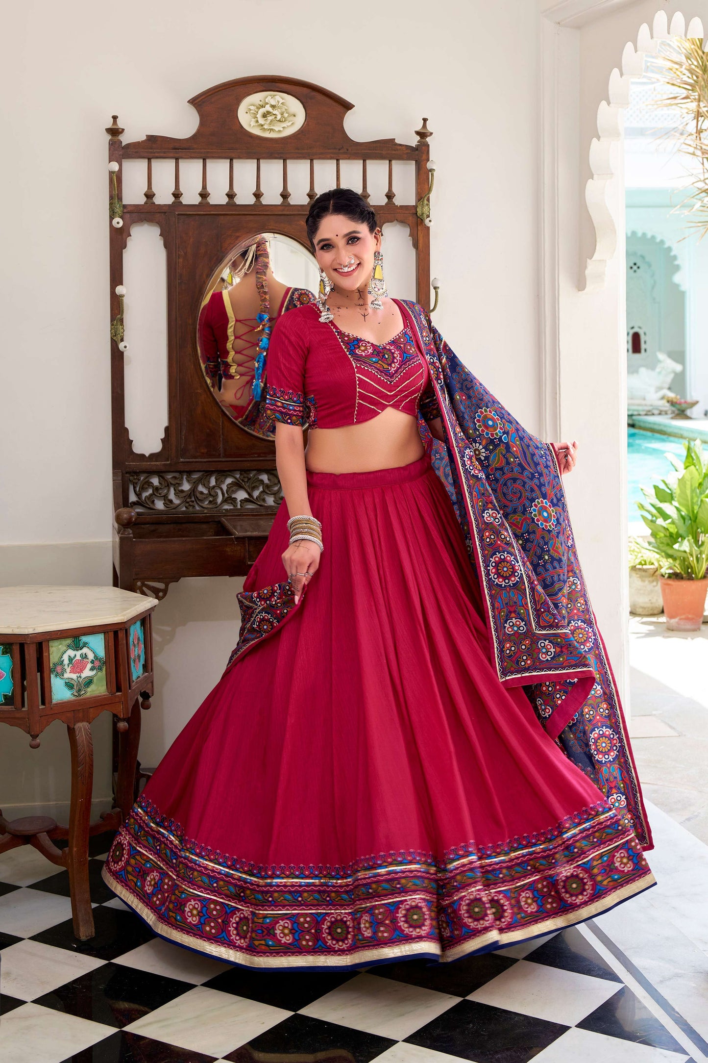 Lorenvalley Fashion Pink Tasar Silk Gamthi Print With Embossed Design And Gotta Patti Lace Touch Up Lehenga Choli with Dupatta | Swadesiicart