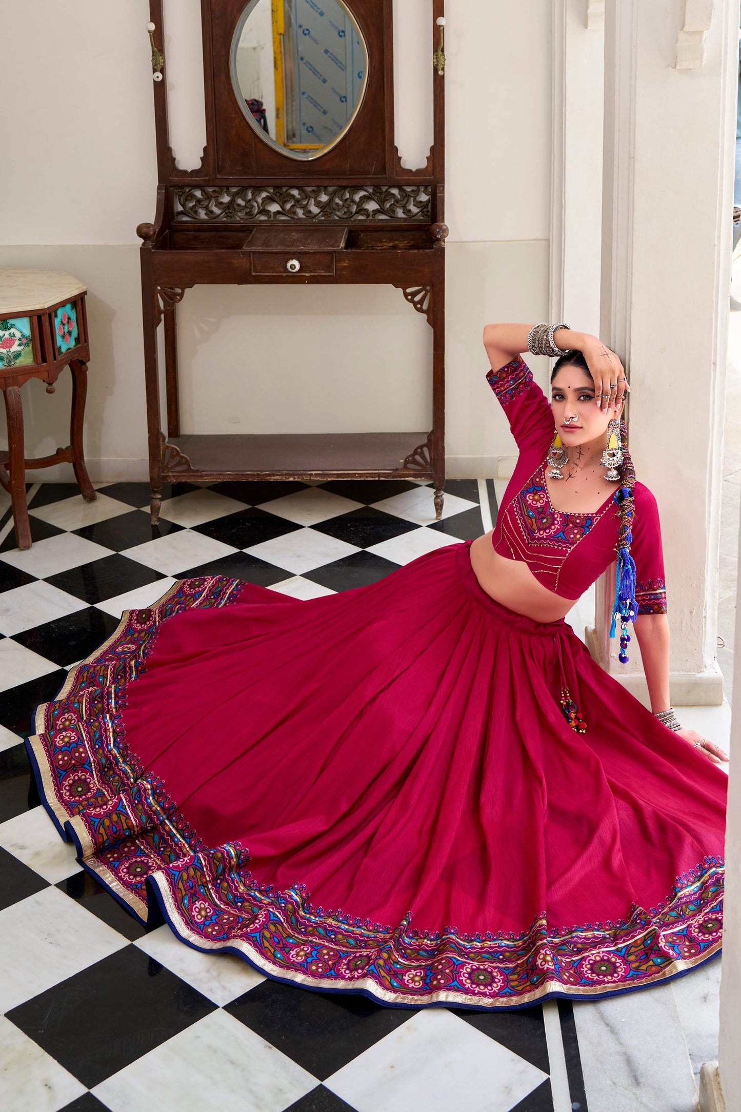Lorenvalley Fashion Pink Tasar Silk Gamthi Print With Embossed Design And Gotta Patti Lace Touch Up Lehenga Choli with Dupatta | Swadesiicart