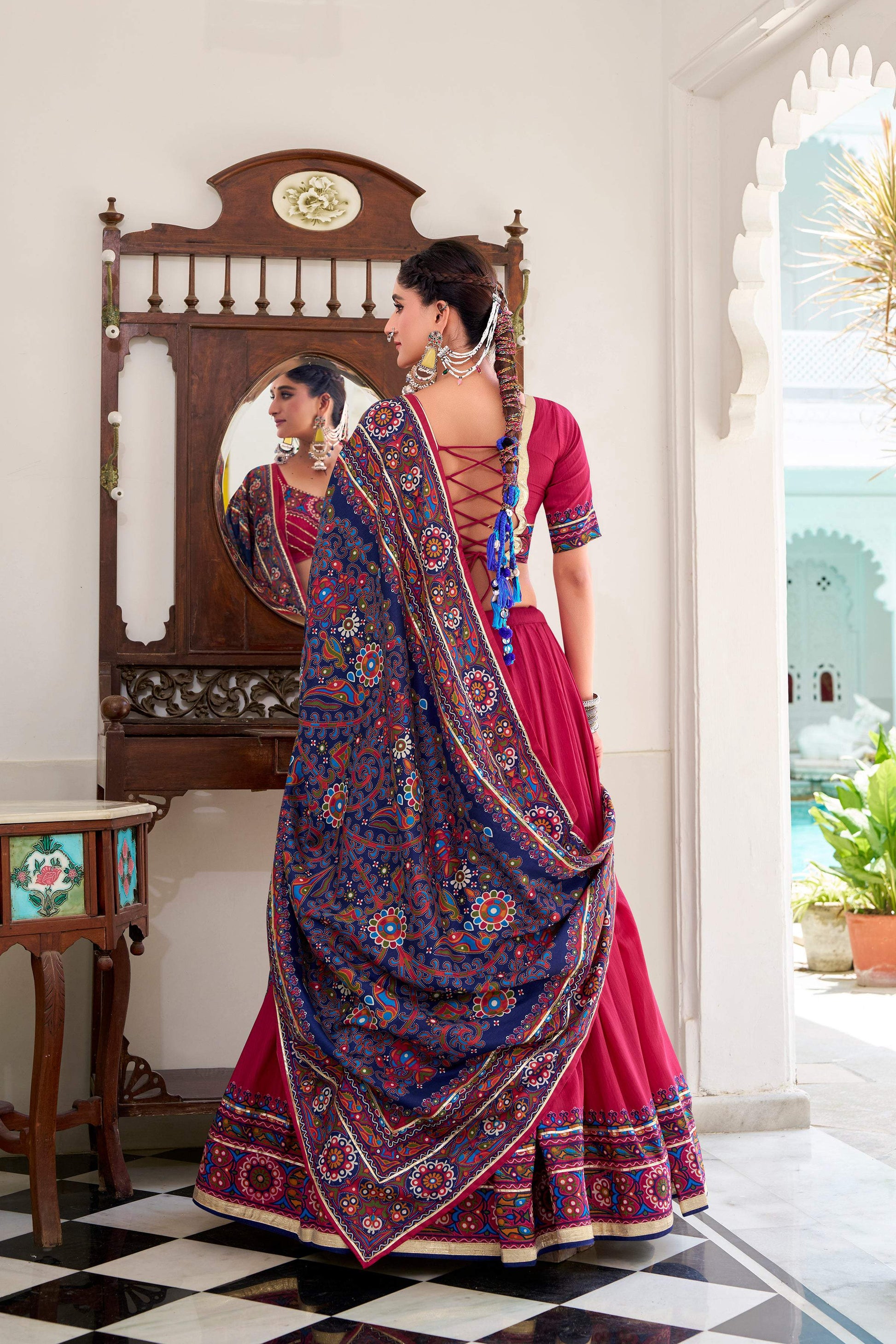 Lorenvalley Fashion Pink Tasar Silk Gamthi Print With Embossed Design And Gotta Patti Lace Touch Up Lehenga Choli with Dupatta | Swadesiicart
