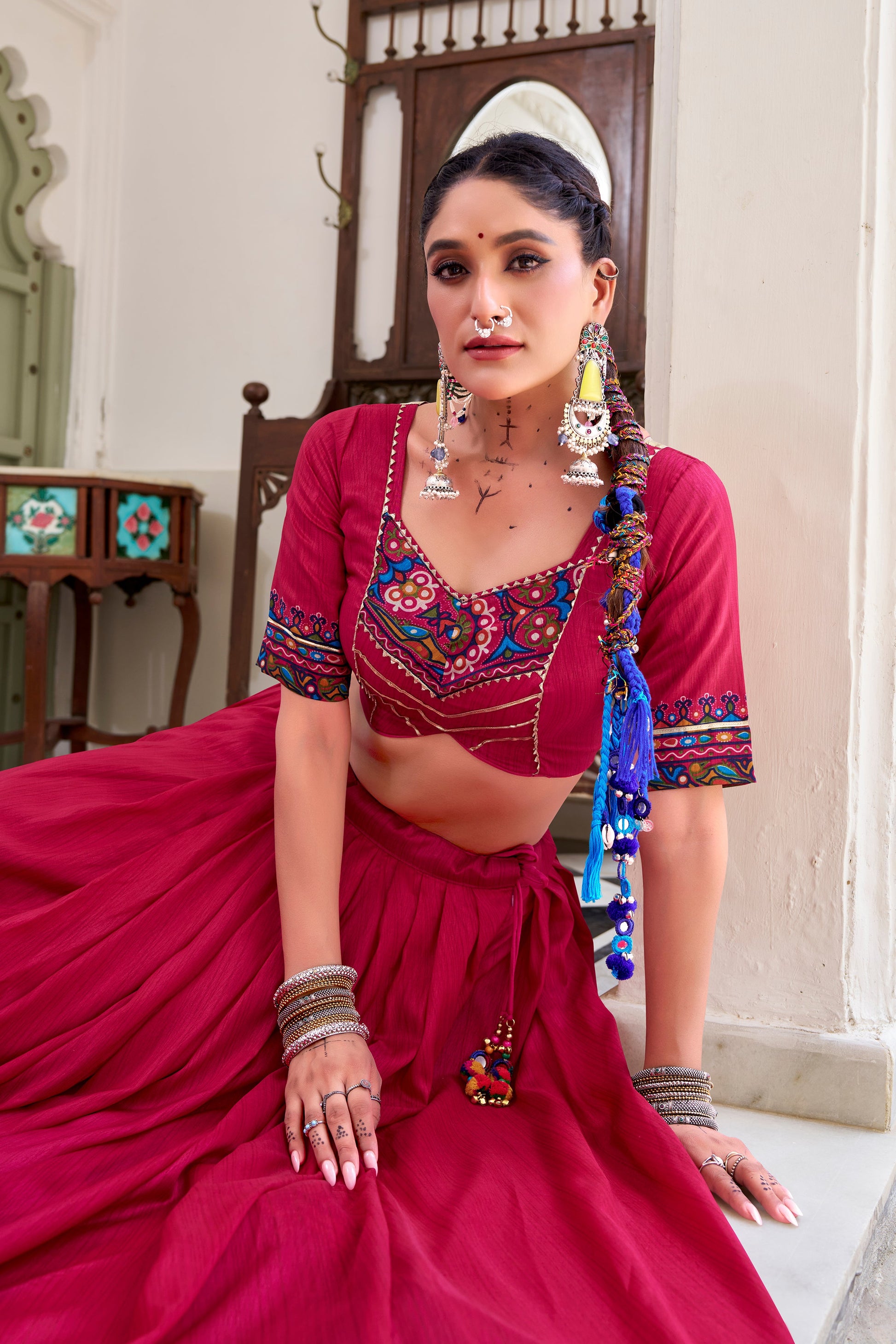 Lorenvalley Fashion Pink Tasar Silk Gamthi Print With Embossed Design And Gotta Patti Lace Touch Up Lehenga Choli with Dupatta | Swadesiicart