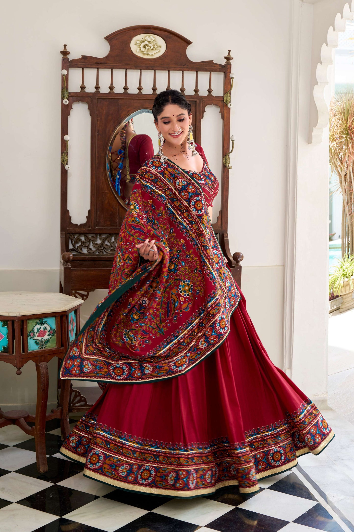 Lorenvalley Fashion Red Tasar Silk Gamthi Print With Embossed Design And Gotta Patti Lace Touch Up Lehenga Choli with Dupatta | Swadesiicart