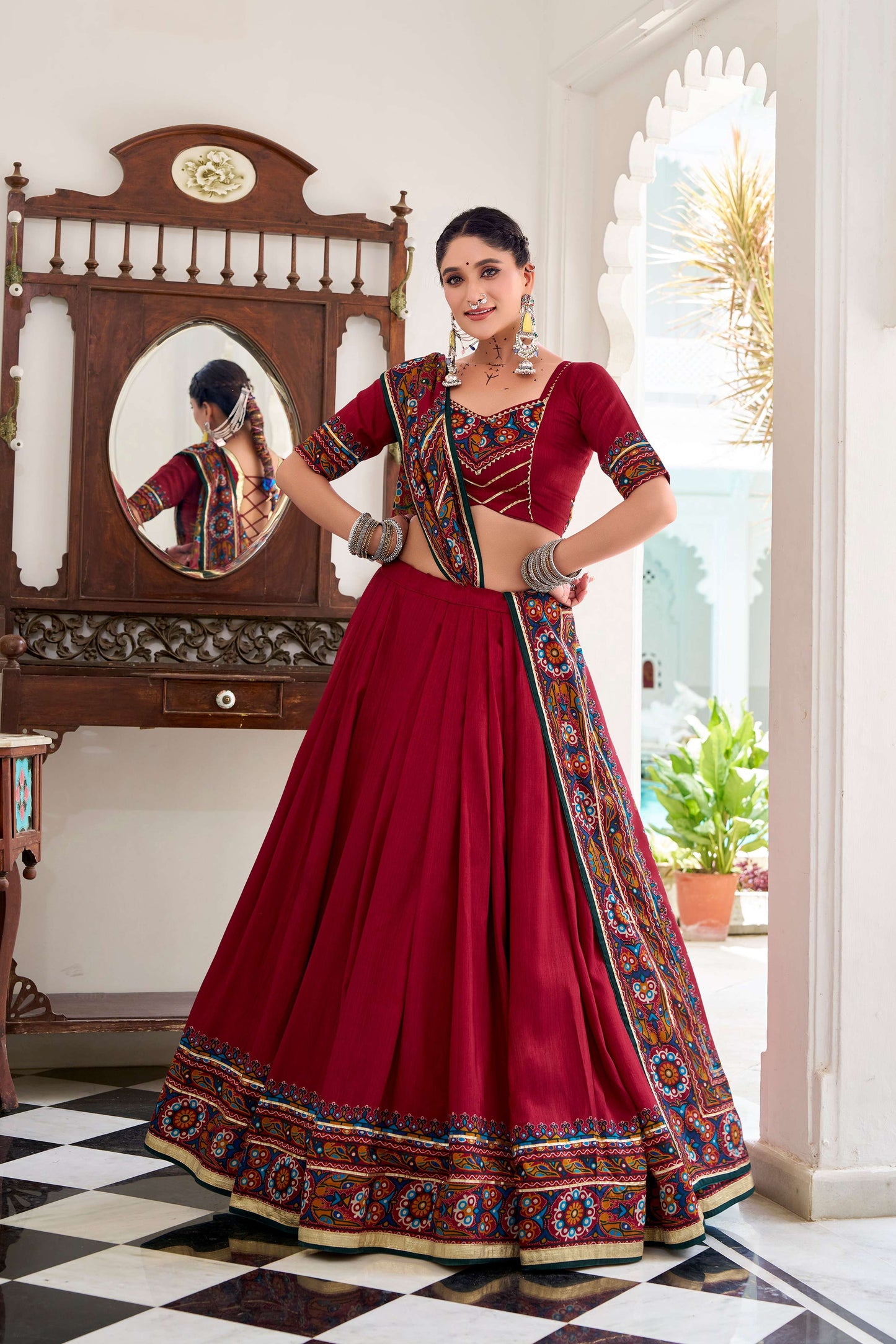 Lorenvalley Fashion Red Tasar Silk Gamthi Print With Embossed Design And Gotta Patti Lace Touch Up Lehenga Choli with Dupatta | Swadesiicart