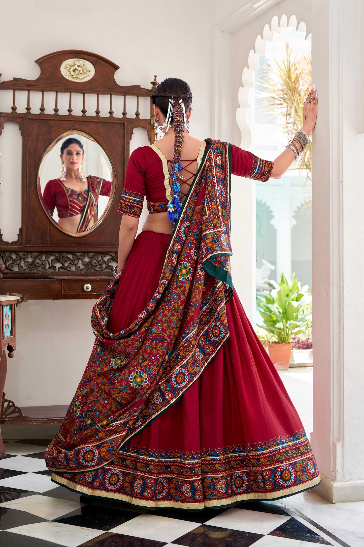 Lorenvalley Fashion Red Tasar Silk Gamthi Print With Embossed Design And Gotta Patti Lace Touch Up Lehenga Choli with Dupatta | Swadesiicart