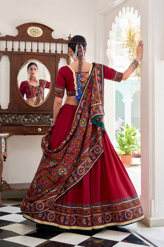 Lorenvalley Fashion Red Tasar Silk Gamthi Print With Embossed Design And Gotta Patti Lace Touch Up Lehenga Choli with Dupatta | Swadesiicart