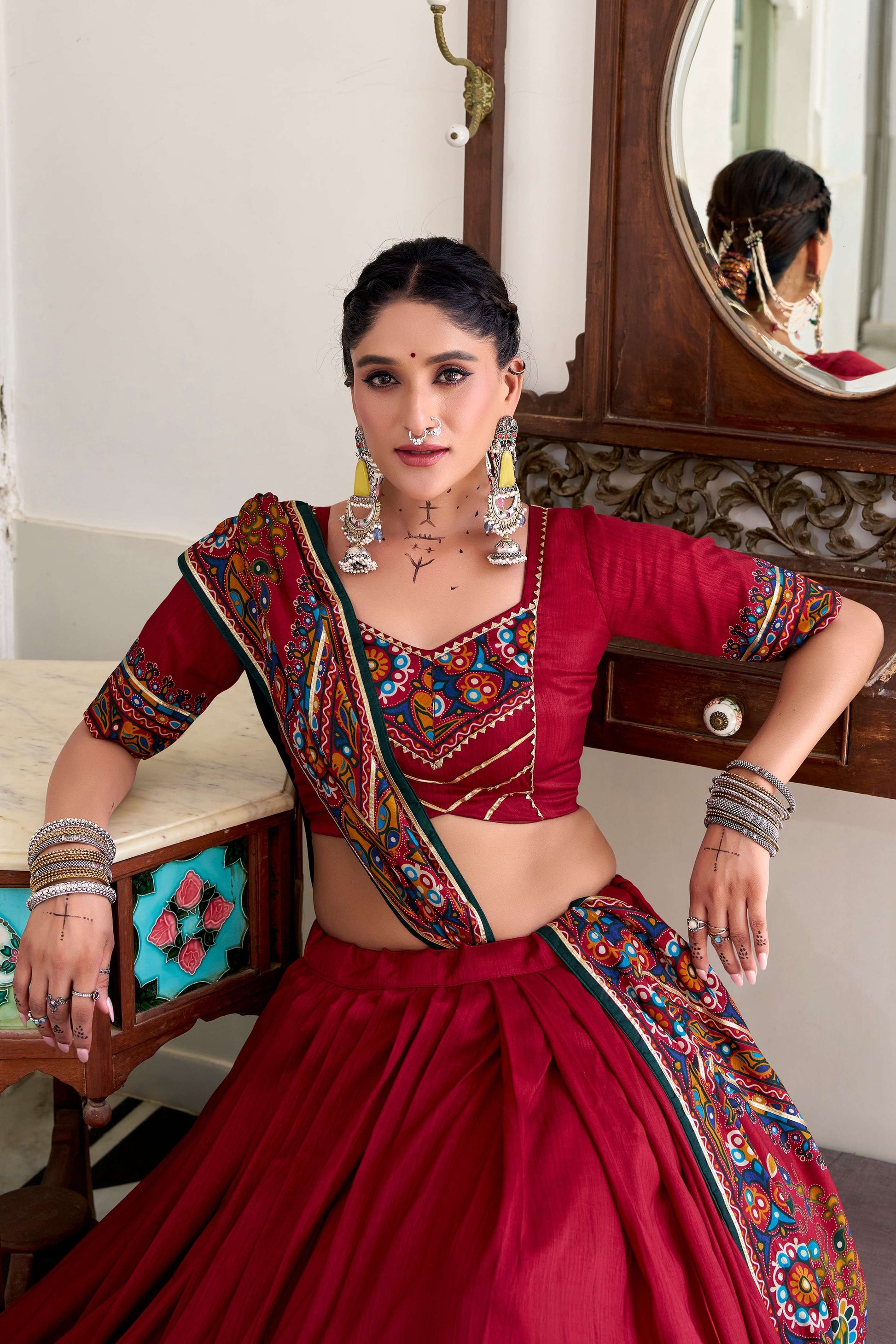 Lorenvalley Fashion Red Tasar Silk Gamthi Print With Embossed Design And Gotta Patti Lace Touch Up Lehenga Choli with Dupatta | Swadesiicart