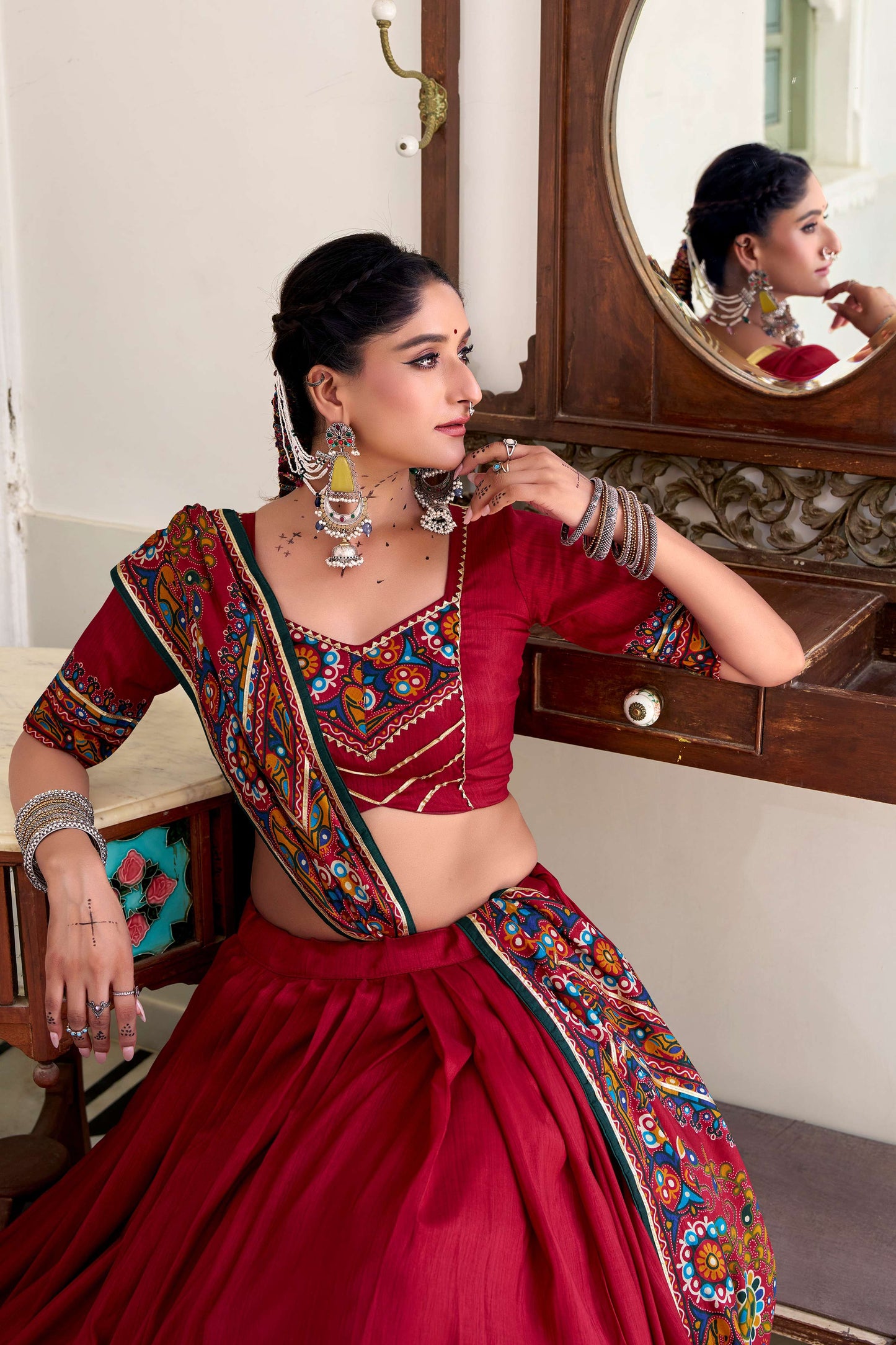 Lorenvalley Fashion Red Tasar Silk Gamthi Print With Embossed Design And Gotta Patti Lace Touch Up Lehenga Choli with Dupatta | Swadesiicart