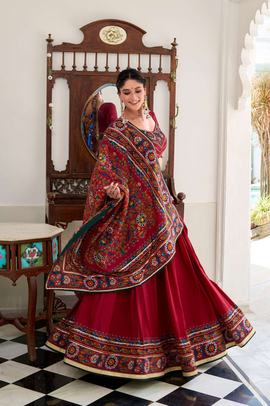 Lorenvalley Fashion Red Tasar Silk Gamthi Print With Embossed Design And Gotta Patti Lace Touch Up Lehenga Choli with Dupatta | Swadesiicart