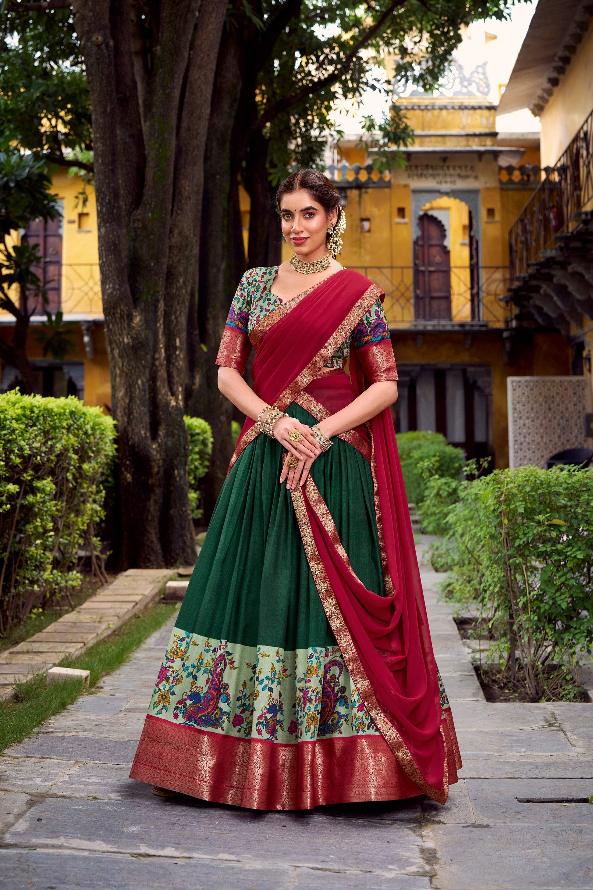 Lorenvalley Fashion Green Aastha Silk Printed with Zari Weaving Work Lehenga Choli with Dupatta - Swadesiicart
