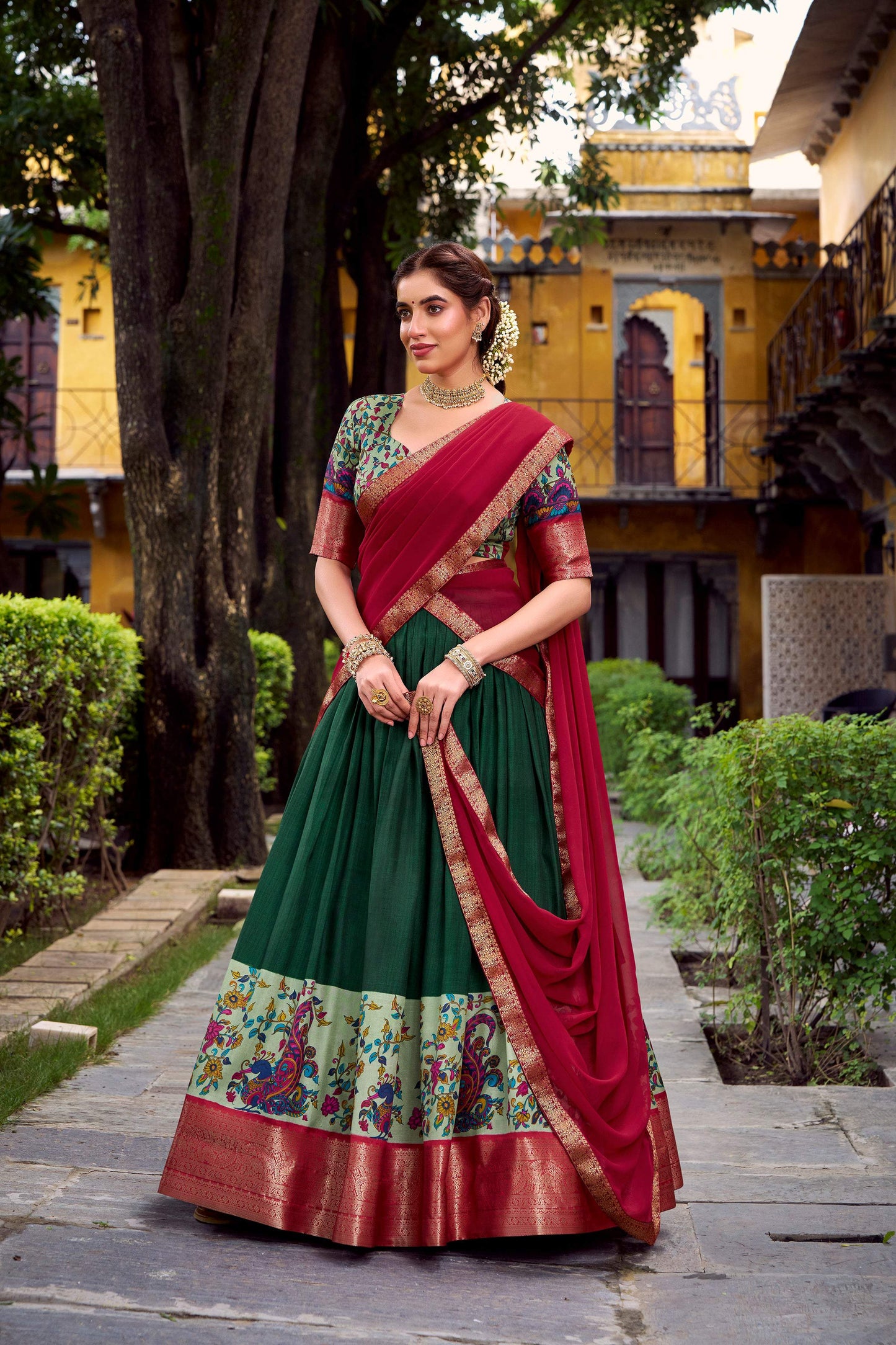 Lorenvalley Fashion Green Aastha Silk Printed with Zari Weaving Work Lehenga Choli with Dupatta - Swadesiicart