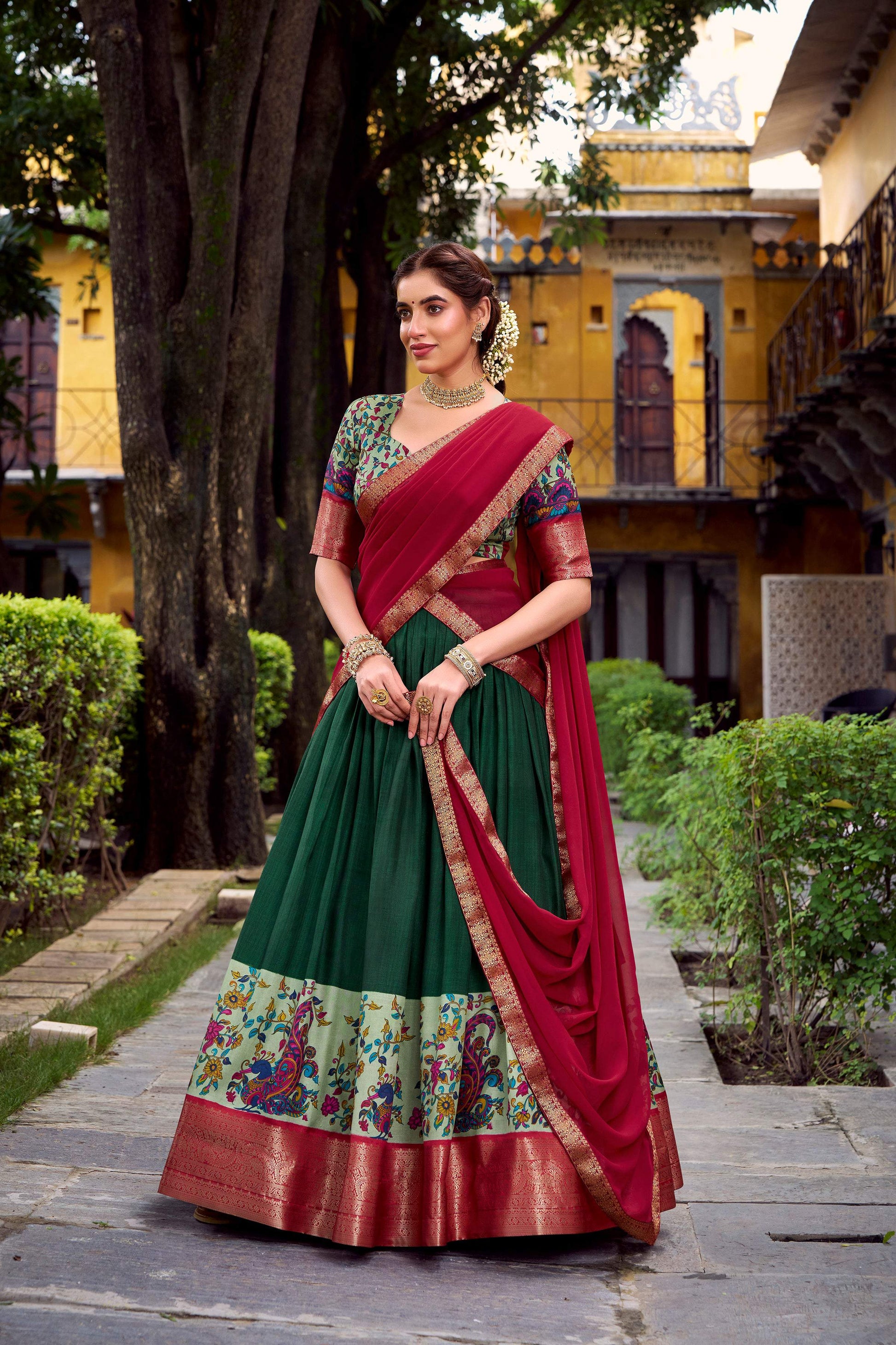 Lorenvalley Fashion Green Aastha Silk Printed with Zari Weaving Work Lehenga Choli with Dupatta - Swadesiicart