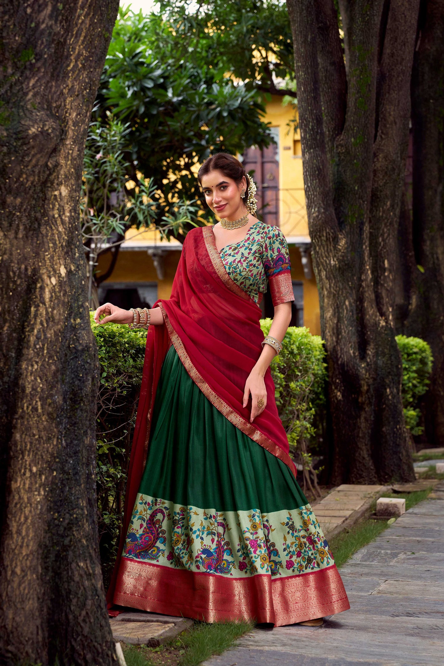 Lorenvalley Fashion Green Aastha Silk Printed with Zari Weaving Work Lehenga Choli with Dupatta - Swadesiicart