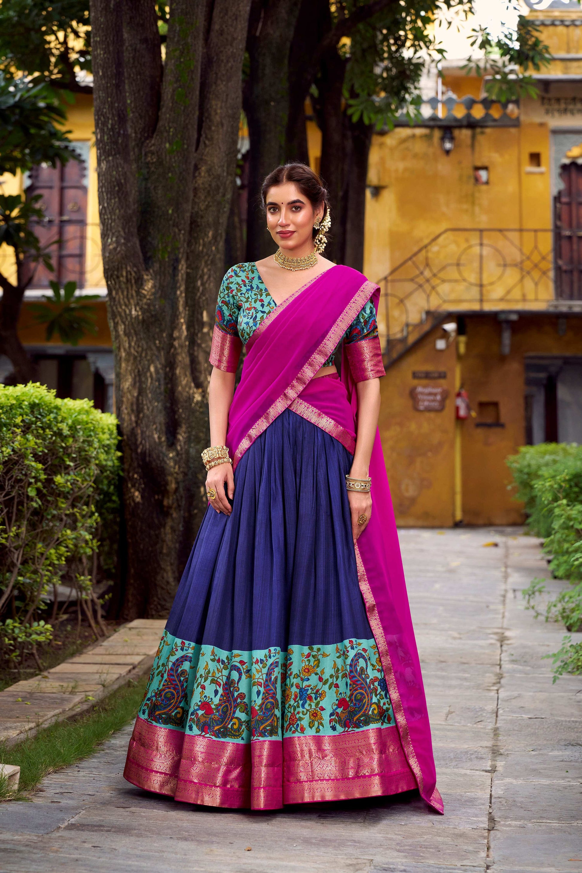 Lorenvalley Fashion Navy Blue Aastha Silk Printed with Zari Weaving Work Lehenga Choli with Dupatta - Swadesiicart