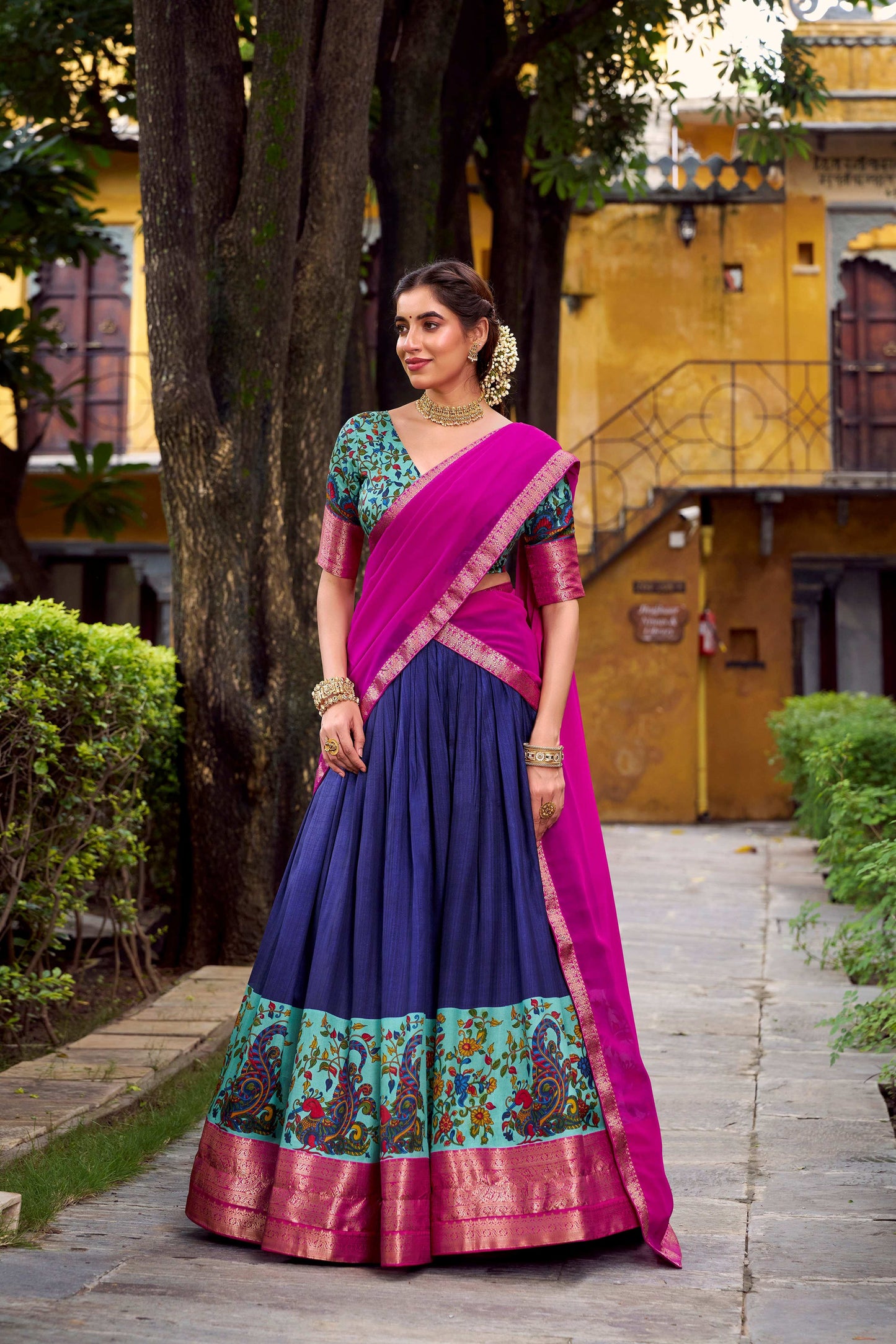 Lorenvalley Fashion Navy Blue Aastha Silk Printed with Zari Weaving Work Lehenga Choli with Dupatta - Swadesiicart