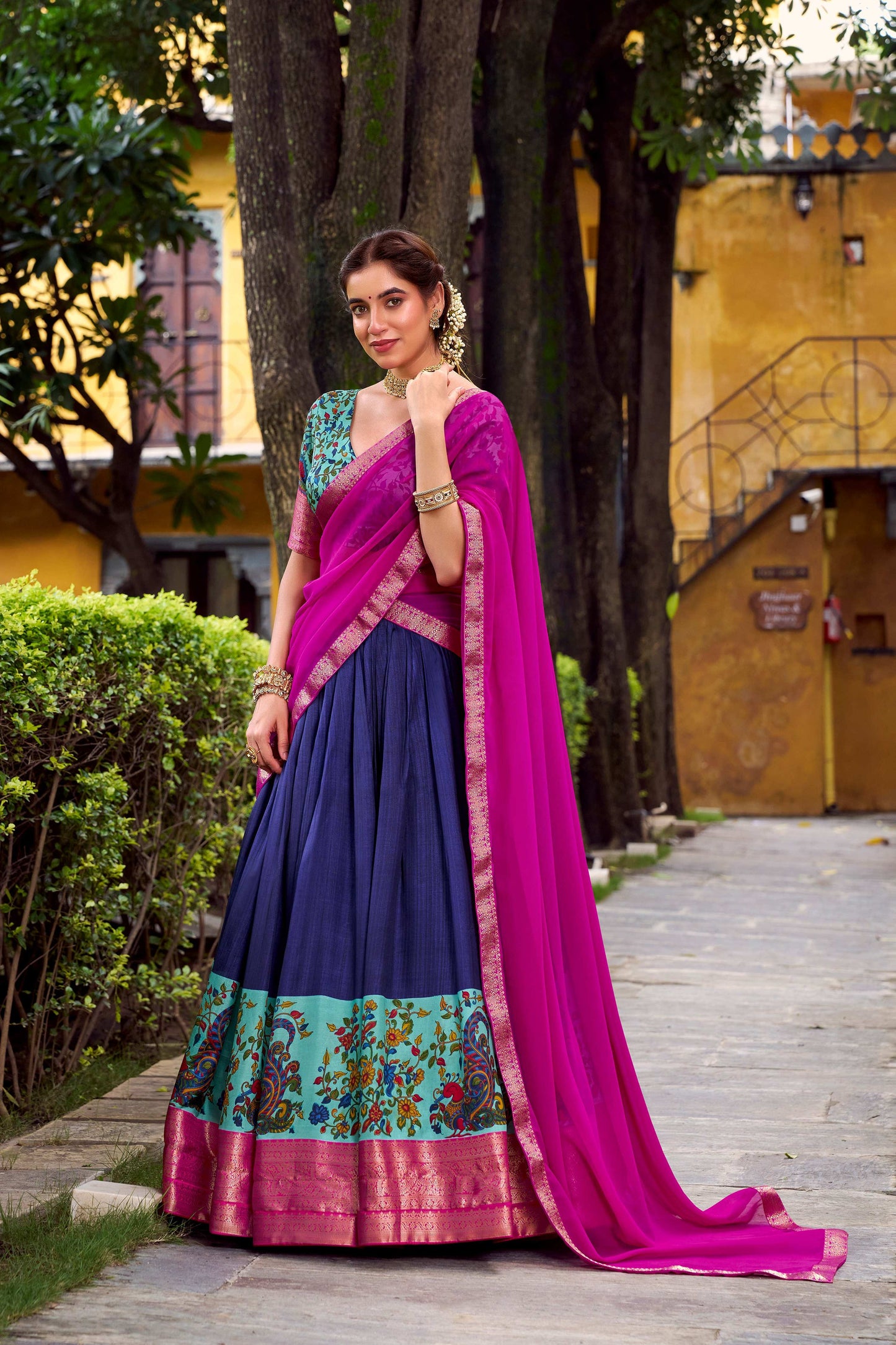 Lorenvalley Fashion Navy Blue Aastha Silk Printed with Zari Weaving Work Lehenga Choli with Dupatta - Swadesiicart
