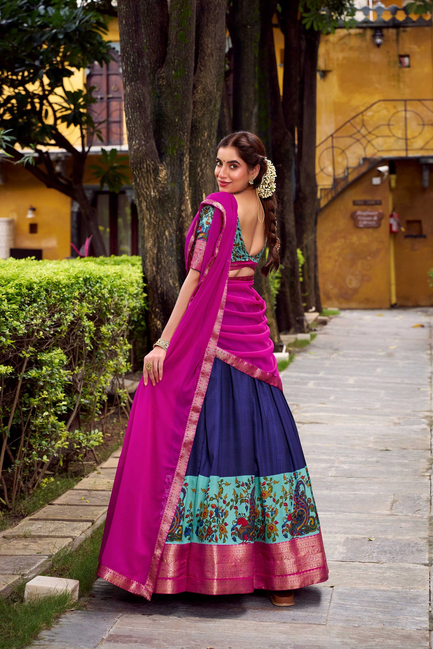 Lorenvalley Fashion Navy Blue Aastha Silk Printed with Zari Weaving Work Lehenga Choli with Dupatta - Swadesiicart