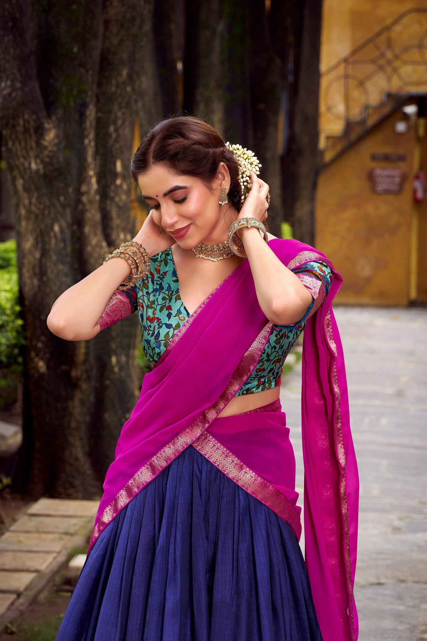 Lorenvalley Fashion Navy Blue Aastha Silk Printed with Zari Weaving Work Lehenga Choli with Dupatta - Swadesiicart
