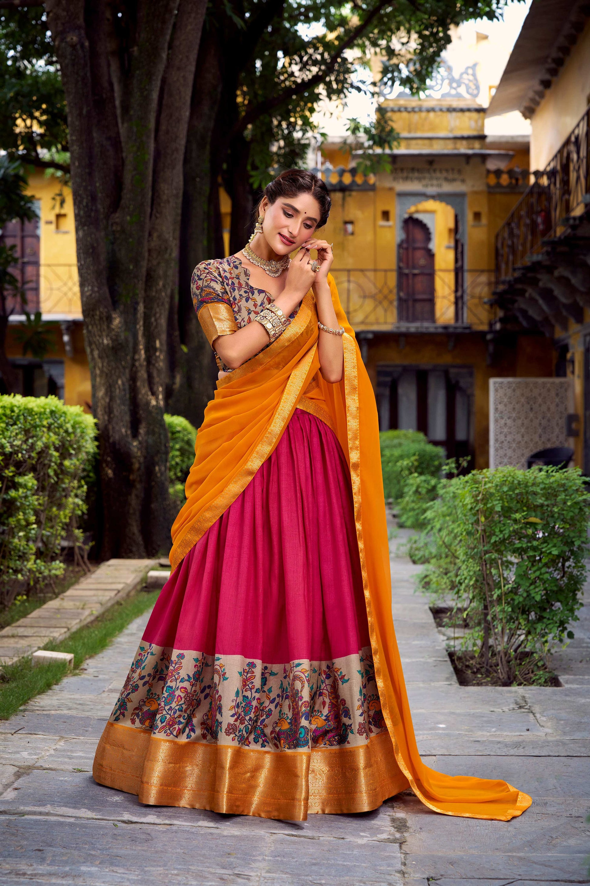 Lorenvalley Fashion Pink Aastha Silk Printed with Zari Weaving Work Lehenga Choli with Dupatta - Swadesiicart