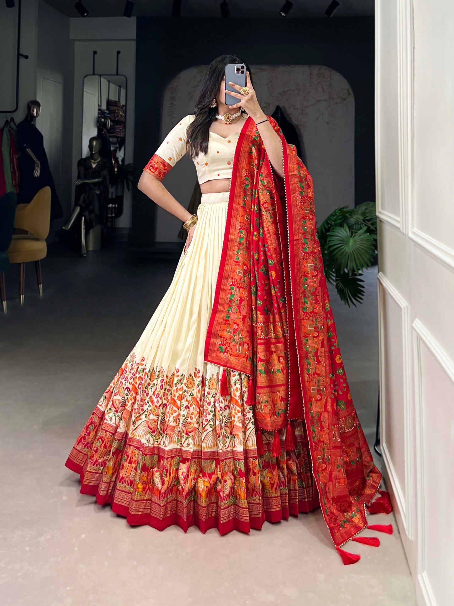 Lorenvalley Off White Tussar Silk Printed With Foil Work Lehenga Choli with Dupatta | Swadesiicart