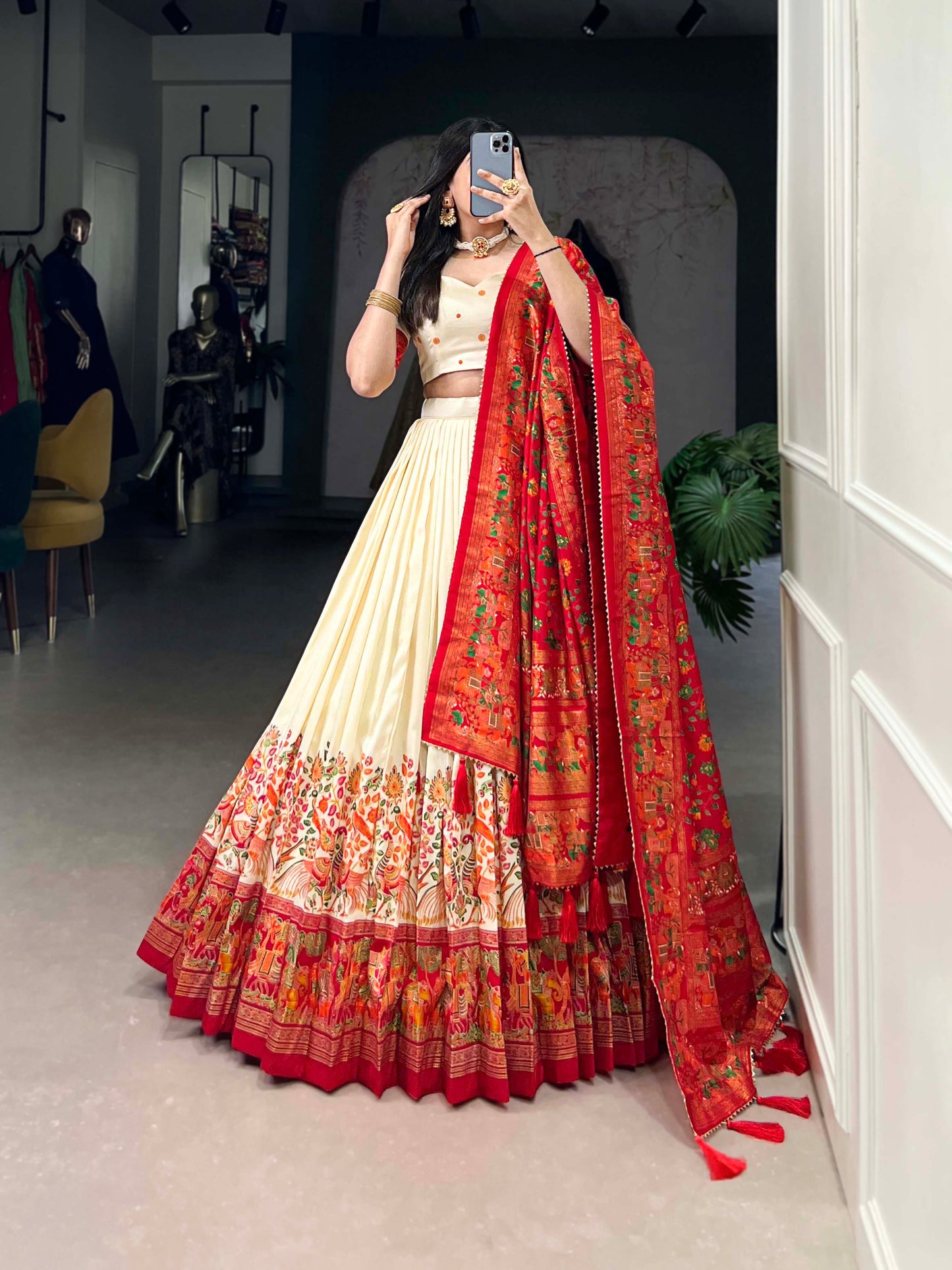 Lorenvalley Off White Tussar Silk Printed With Foil Work Lehenga Choli with Dupatta | Swadesiicart