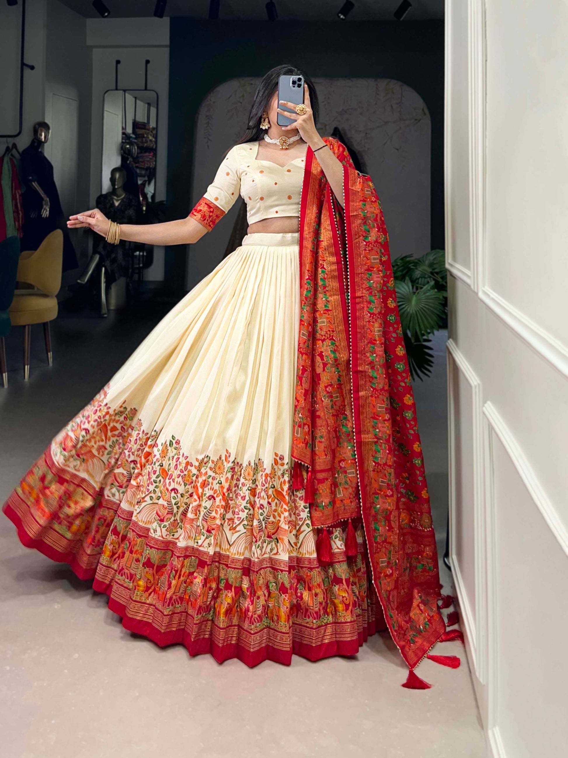Lorenvalley Off White Tussar Silk Printed With Foil Work Lehenga Choli with Dupatta | Swadesiicart