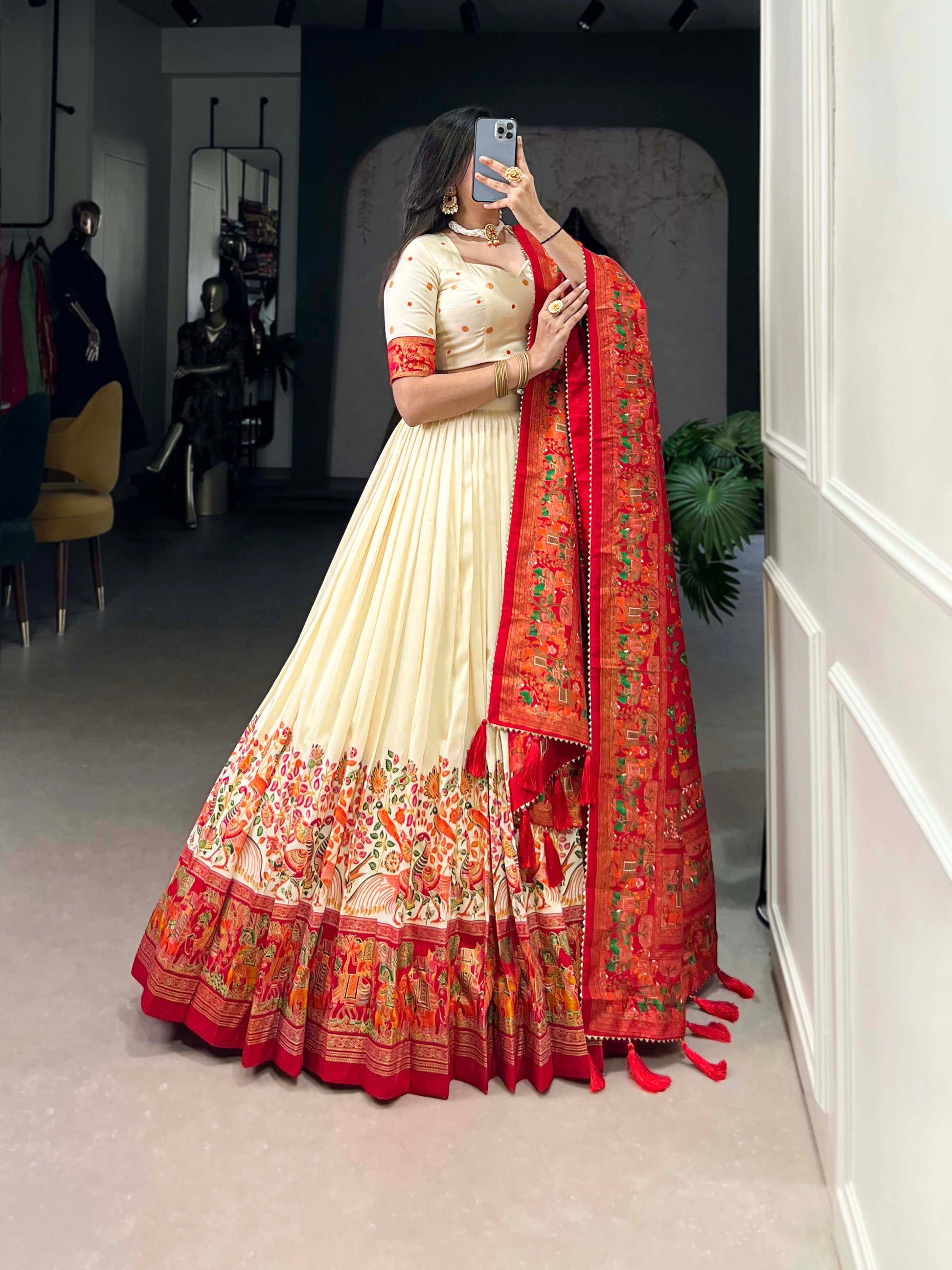 Lorenvalley Off White Tussar Silk Printed With Foil Work Lehenga Choli with Dupatta | Swadesiicart