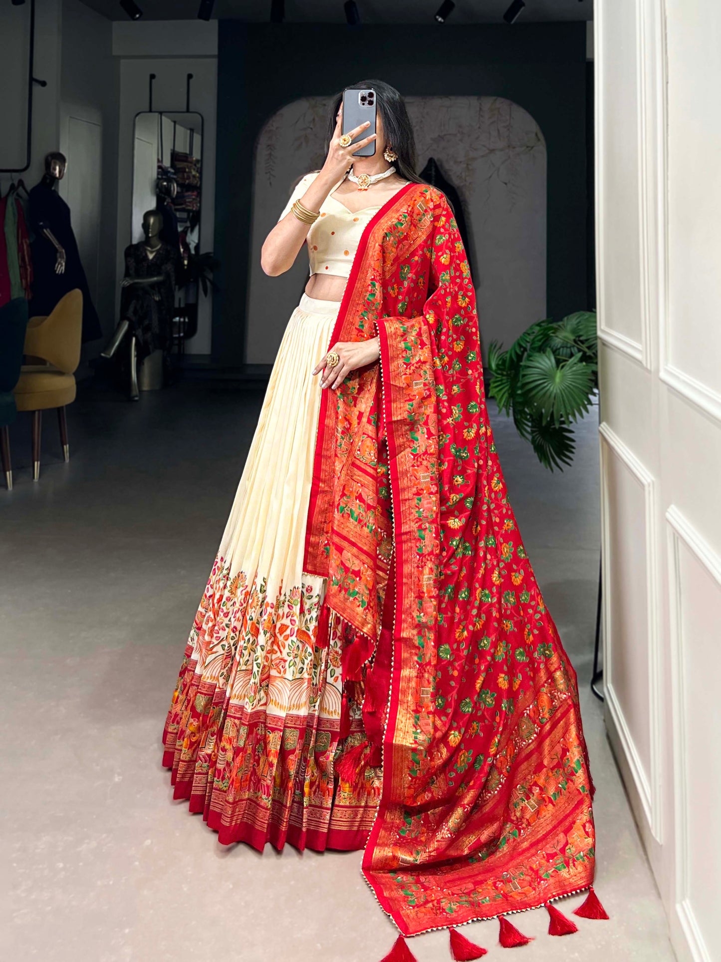 Lorenvalley Off White Tussar Silk Printed With Foil Work Lehenga Choli with Dupatta | Swadesiicart