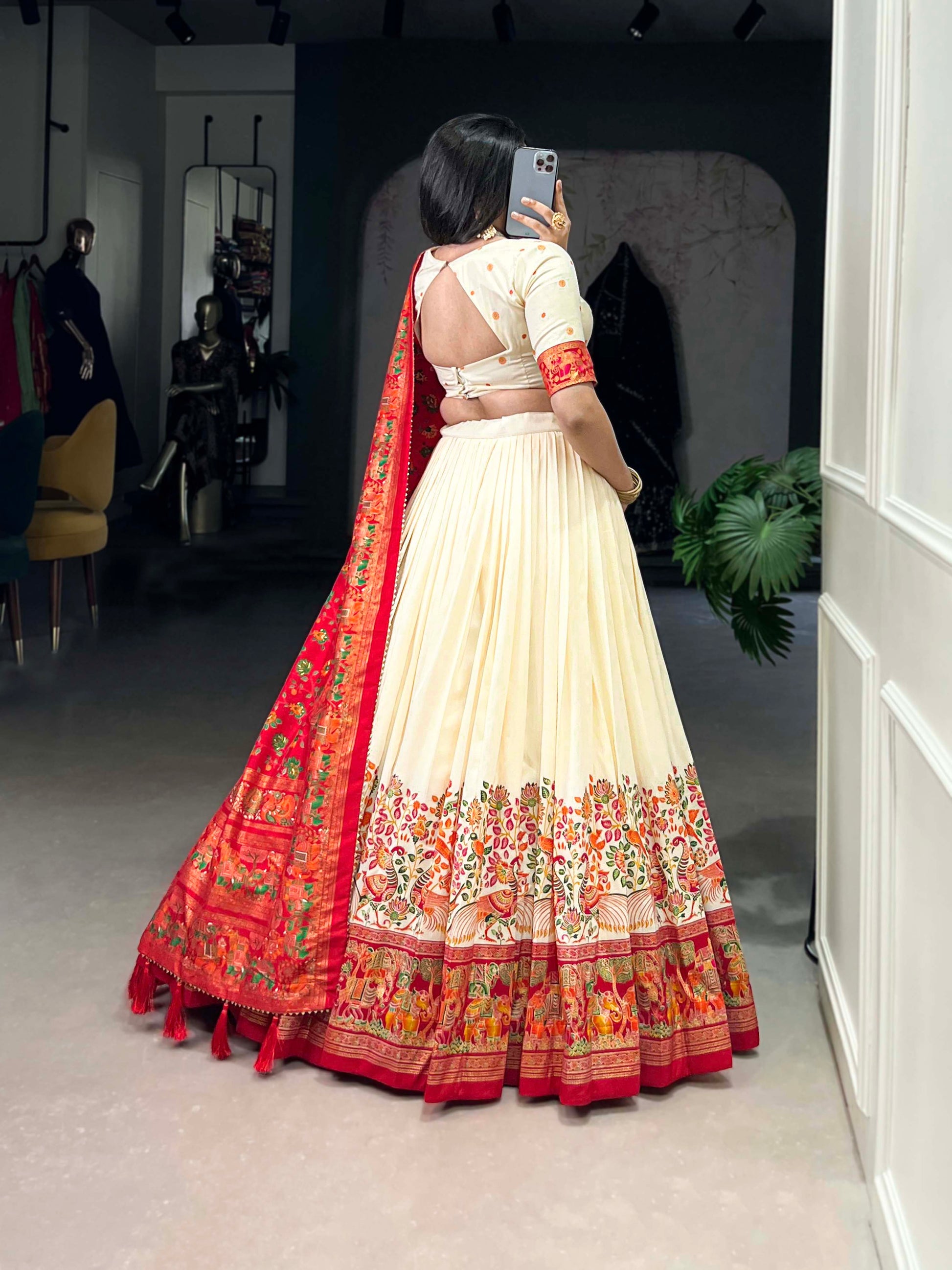 Lorenvalley Off White Tussar Silk Printed With Foil Work Lehenga Choli with Dupatta | Swadesiicart