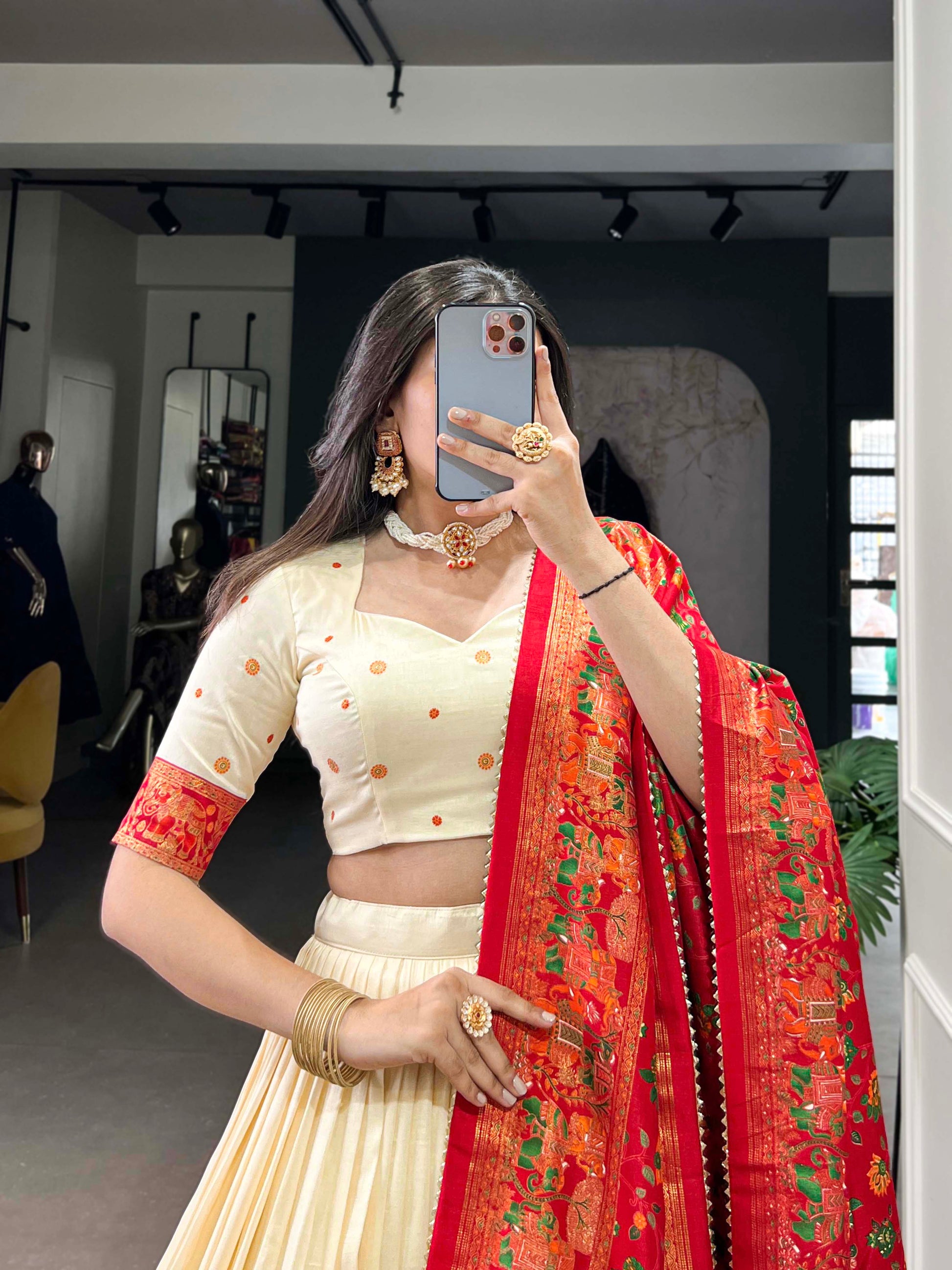 Lorenvalley Off White Tussar Silk Printed With Foil Work Lehenga Choli with Dupatta | Swadesiicart