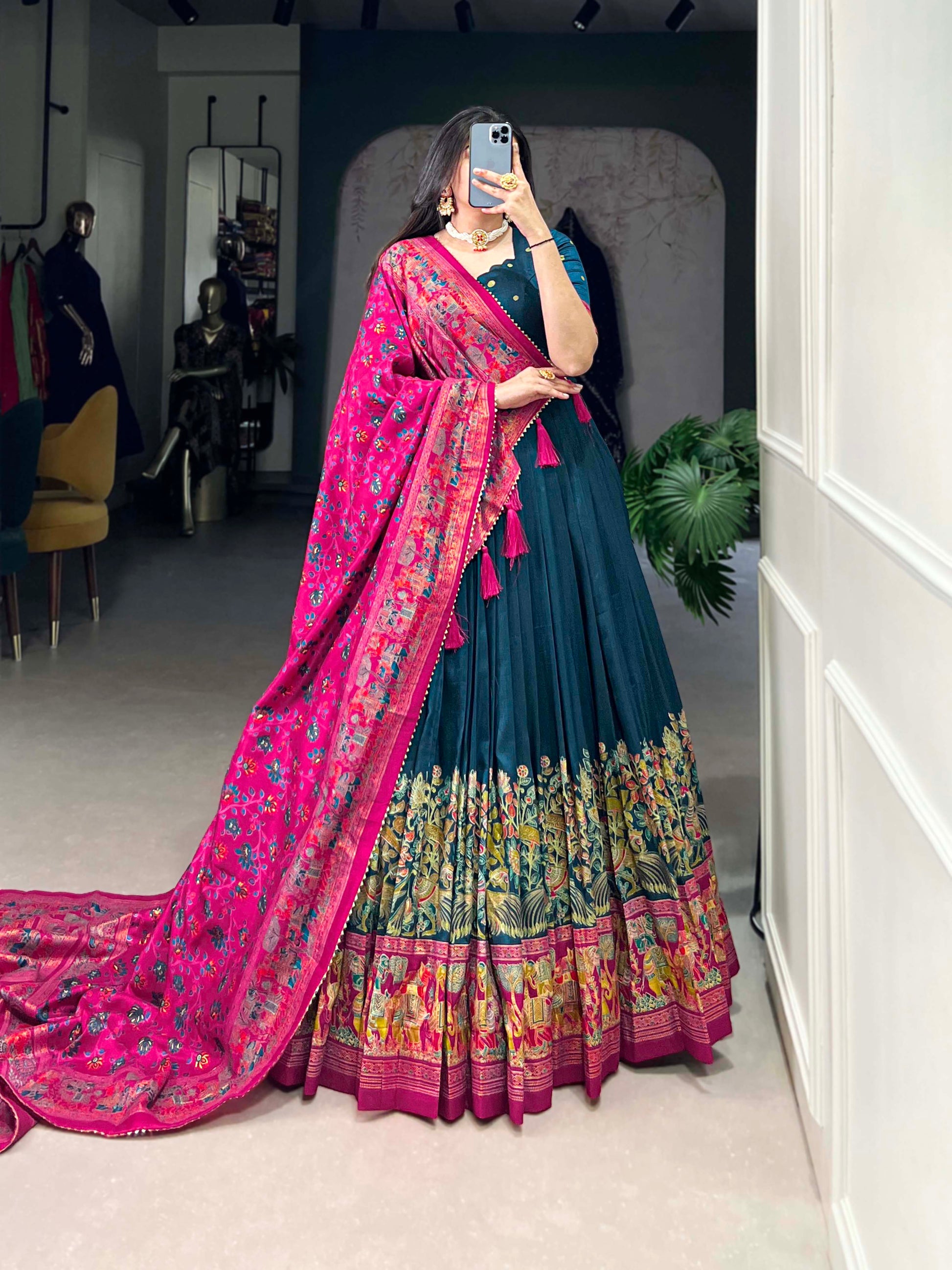 Lorenvalley Teal Tussar Silk Printed With Foil Work Lehenga Choli with Dupatta | Swadesiicart